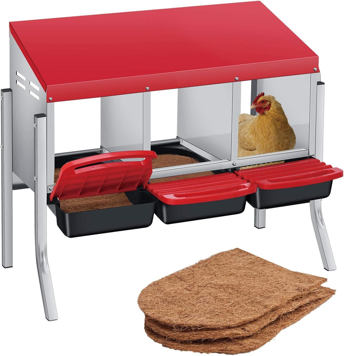 3-Compartment Heavy Duty Chicken Nesting Box | Automatic Roll-Away Egg Collection System | Galvanized Steel Wall Mount or Stand Hen Laying Box (Red, 3 Holes - With Legs)