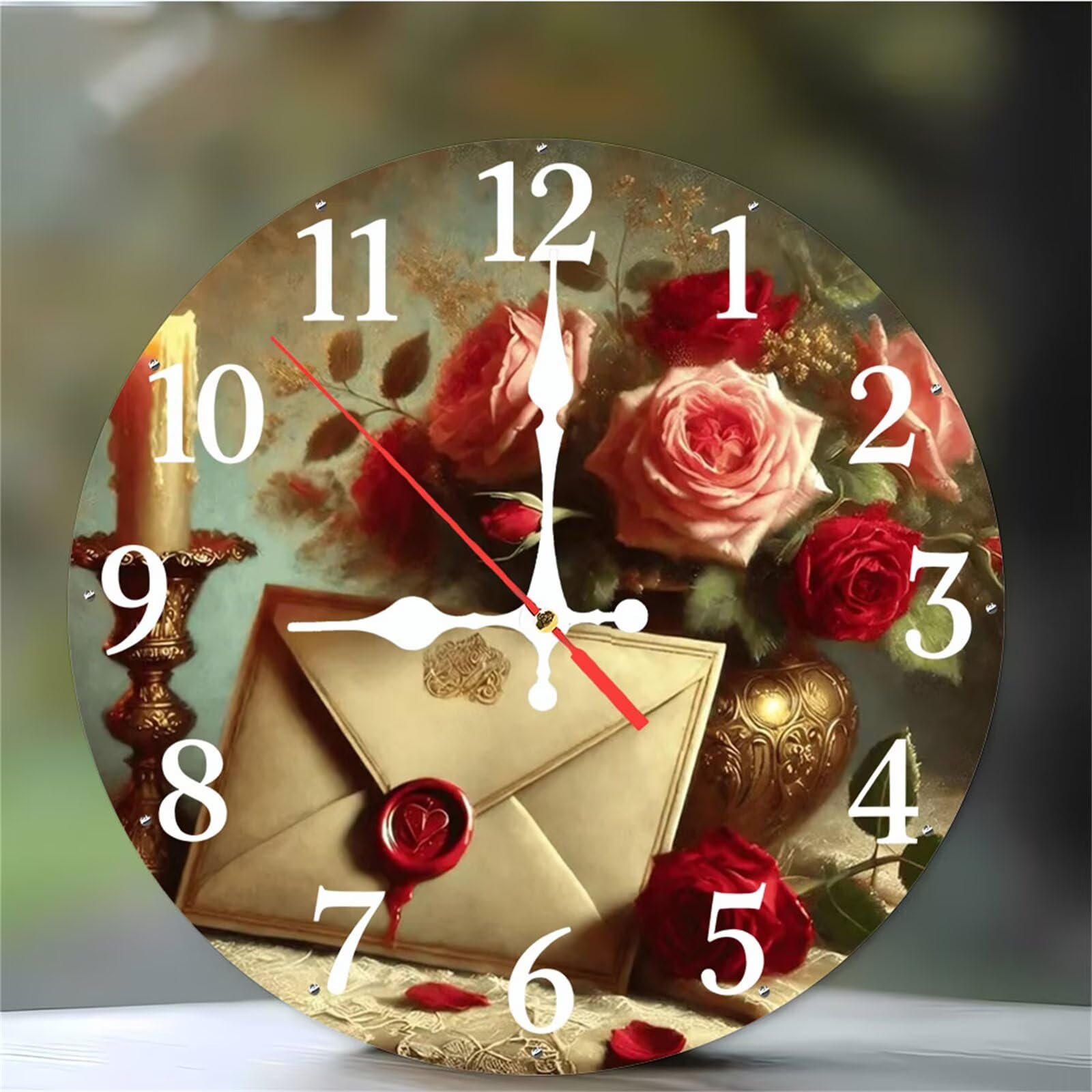 Horloge murale 12 pouces silencieuse à quartz avec motif de rose pour salon