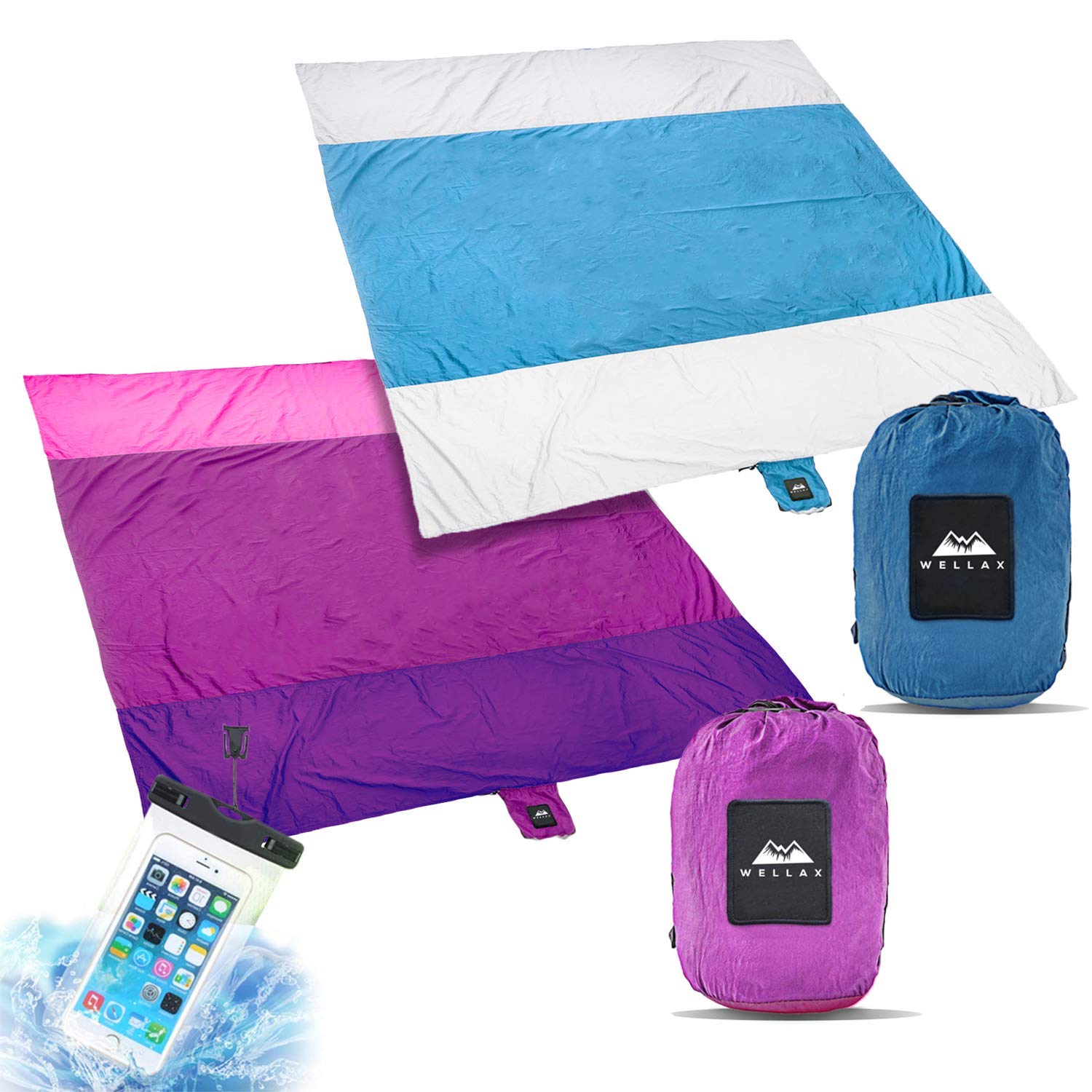 WELLAX Sandfree Beach Blanket - Huge Ground Cover 9' x 10' for 7 Adults - Best Sand Proof Picnic Mat for Travel, Camping, Hiking and Music Festivals - Durable Tarp with Corner Pockets