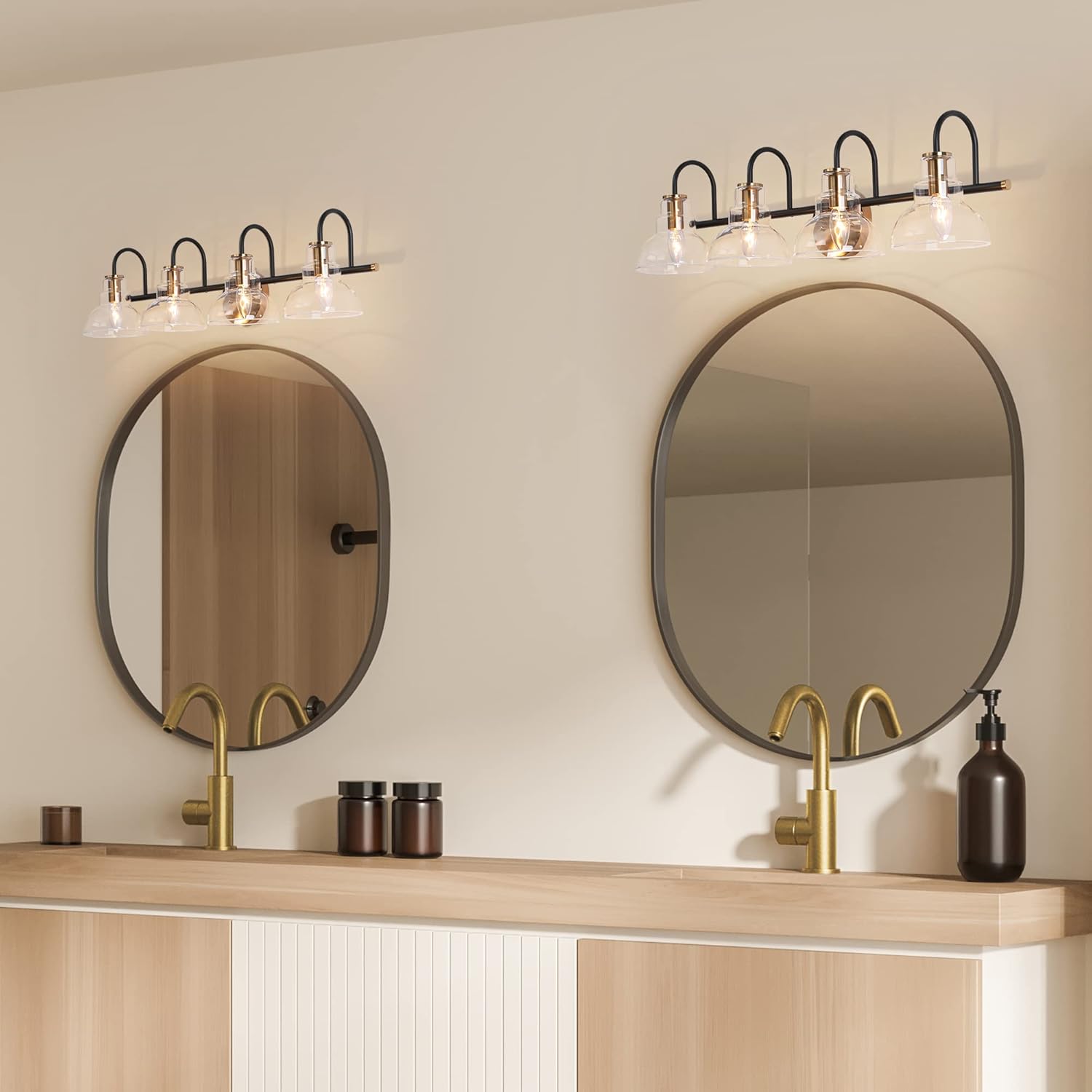ZEVNI Bathroom Vanity Light, 4-Light Large Bathroom Light Fixtures, Black Gold Vanity Lighting Fixtures with Clear Glass Shades, 29" x 7.5" x 8"
