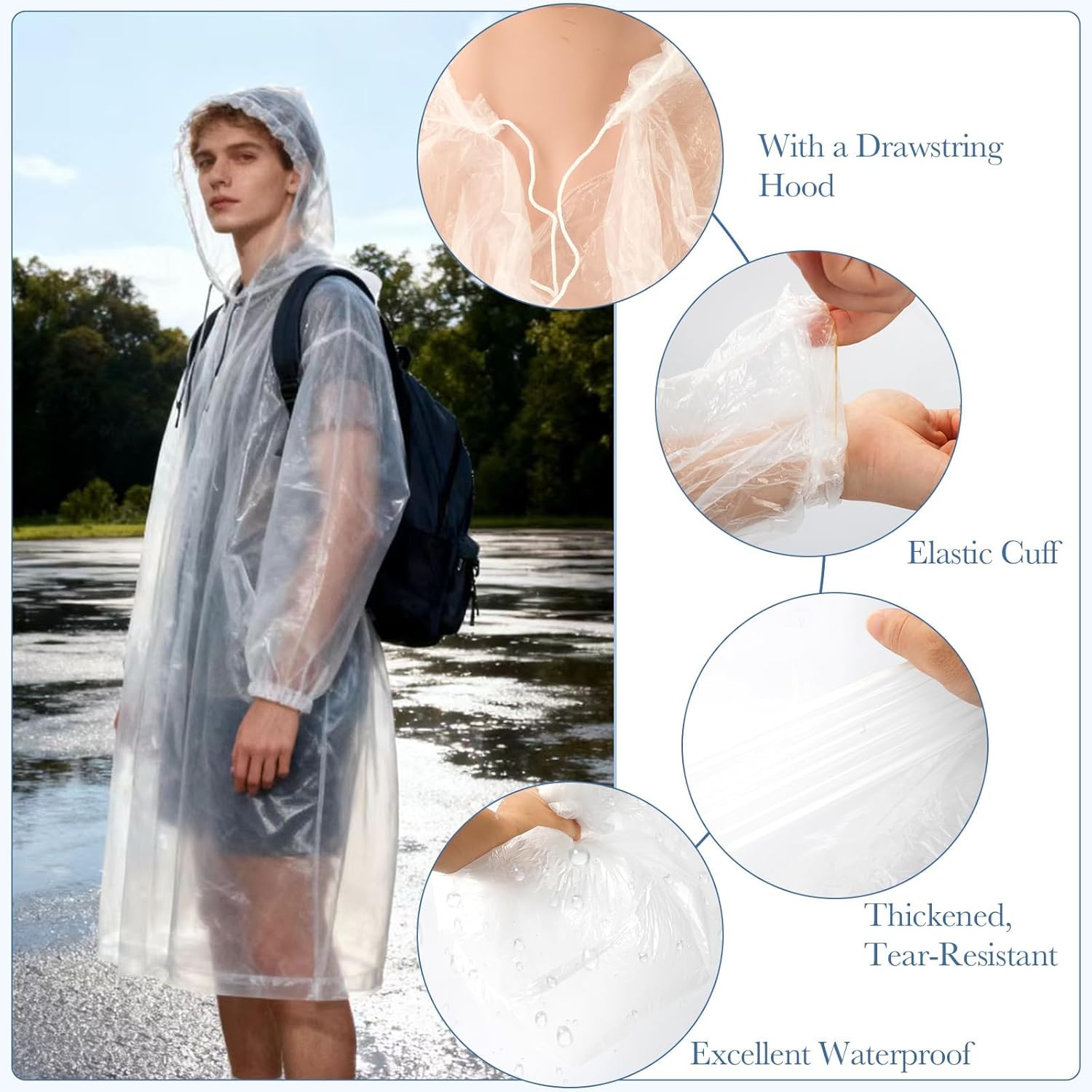 Disposable Rain Ponchos for Adults, 5Pcs Card-Sized Emergency Ponchos with Hood Clear Ponchos Family Pack for Travel, Waterproof PE Raincoats with 10Pcs Shoe Toe Sticker for Women, Men, Kids - Image 5