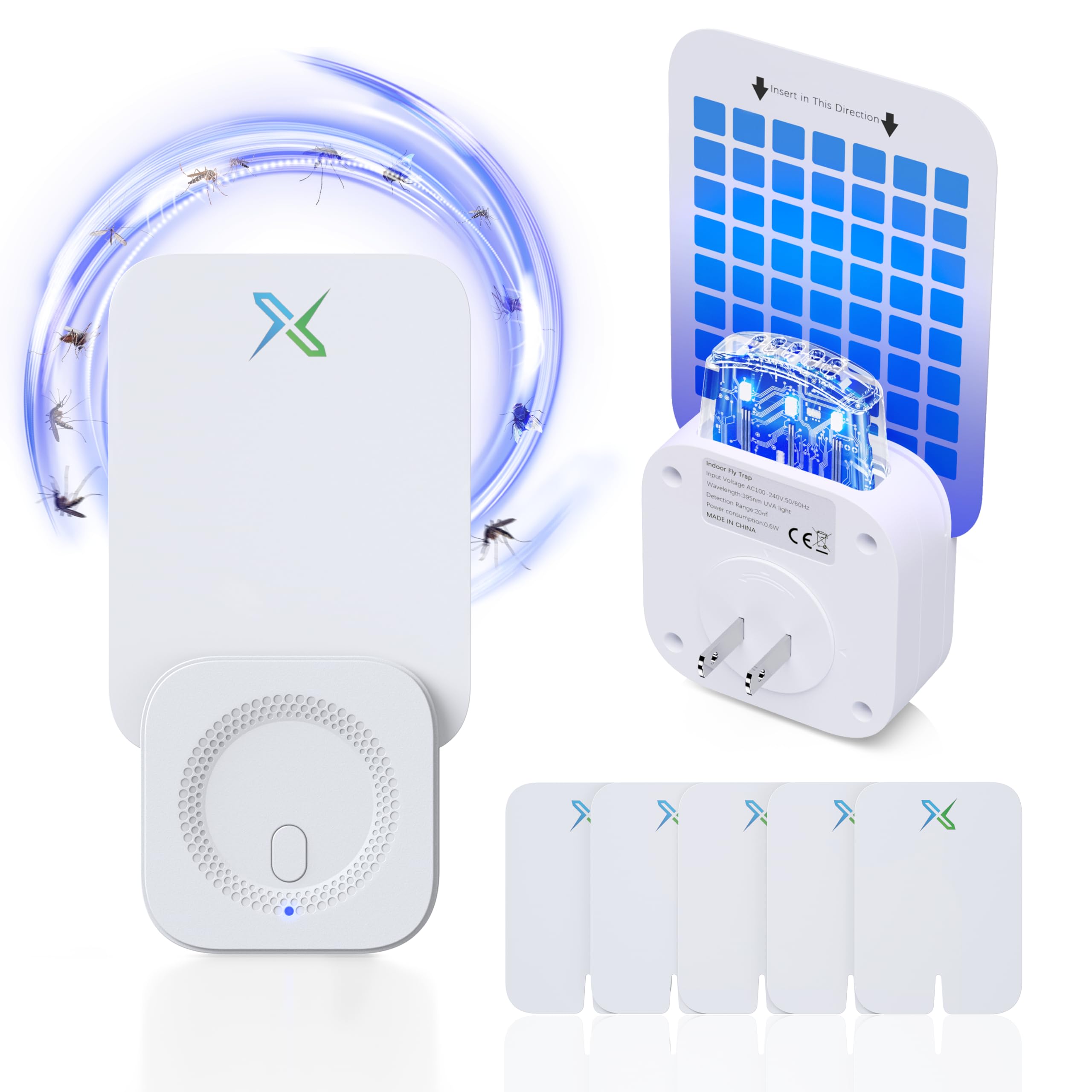 Indoor Fly Trap, Plug-in Bug Light Catcher with UV and Blue Light - Fruit Fly Traps for Indoors, Gnats, Mosquitoes, Flies, Moths,House Flies 1 Plug-in Base and 5 Refills, White