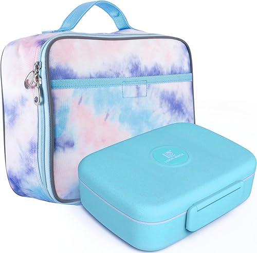 Fenrici Lonchera para niñas y juego de lonchera Bento, lonchera aislada para niñas y niños con contenedor de 5 compartimentos, utensilios incluidos