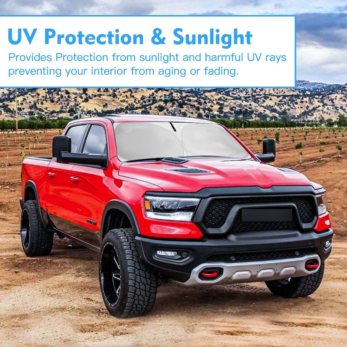 Car Windshield Sun Shade Custom Fit 2010-2026 Dodge RAM 1500 2500 3500 Truck Accessories Sunshade Foldable Sun Visor Protector Front Window Cover Fits 2Dr RegularCab, 4Dr QuadCab, CrewCab, MegaCab