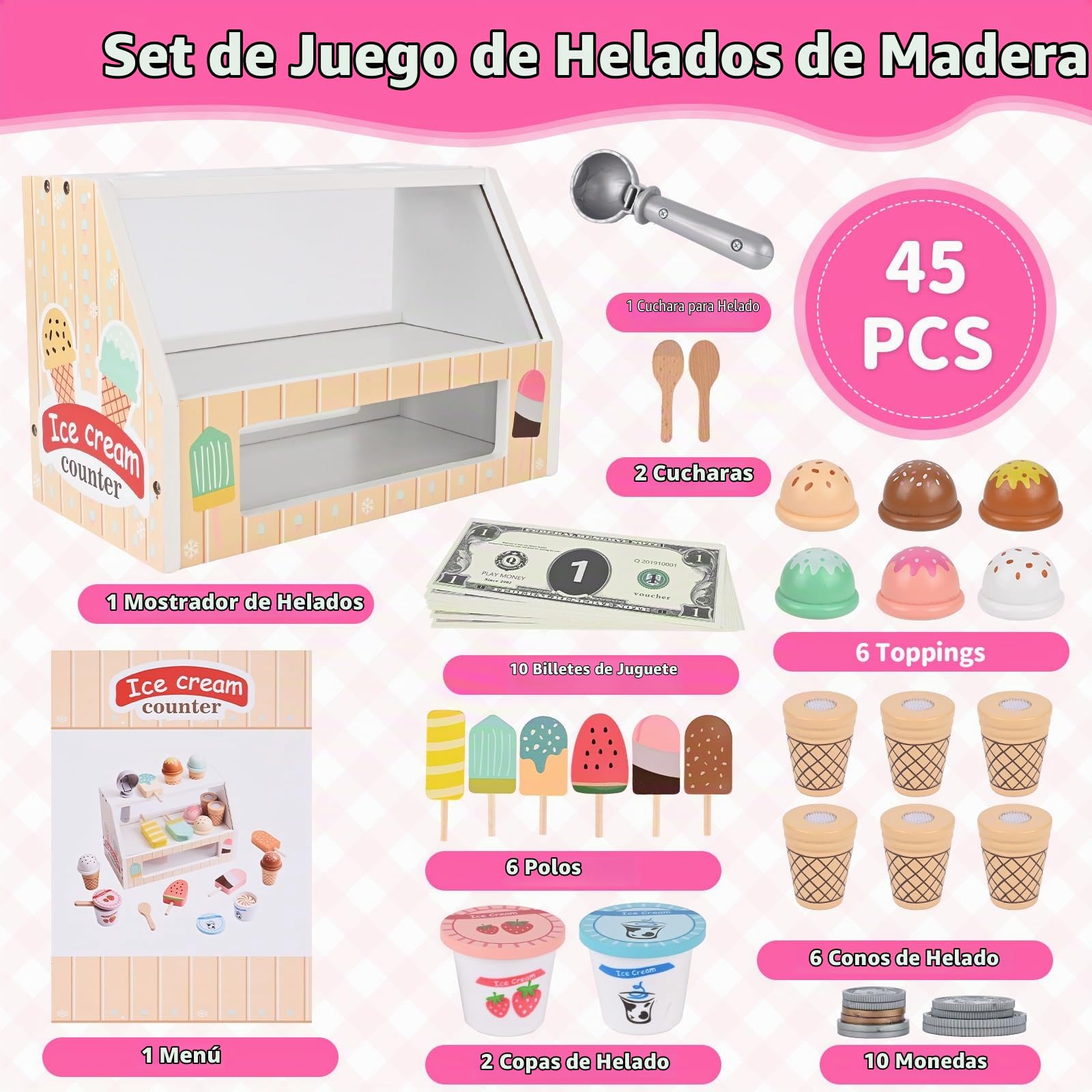 Heladeria Juguete, Diealles Shine 45 Piezas Helados Juguetes de Madera, Juegos de rol Cocinita Infantil para Regalo Niño