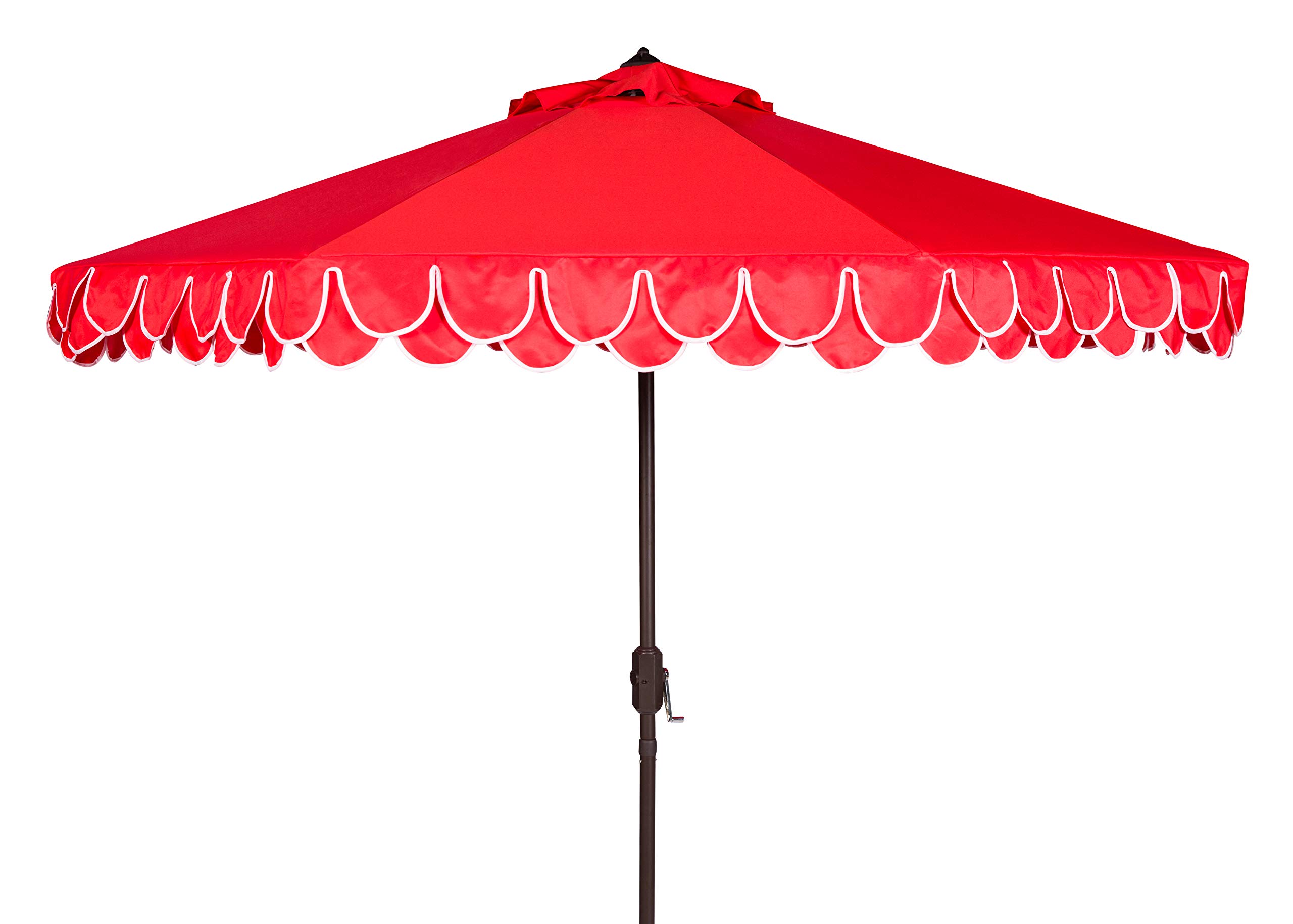 SAFAVIEH 9ft Outdoor Patio Umbrella, Round, Valance, Red & White Trim, Auto Crank Tilt, UV Resistant for Deck, Backyard, Poolside (PAT8006D)