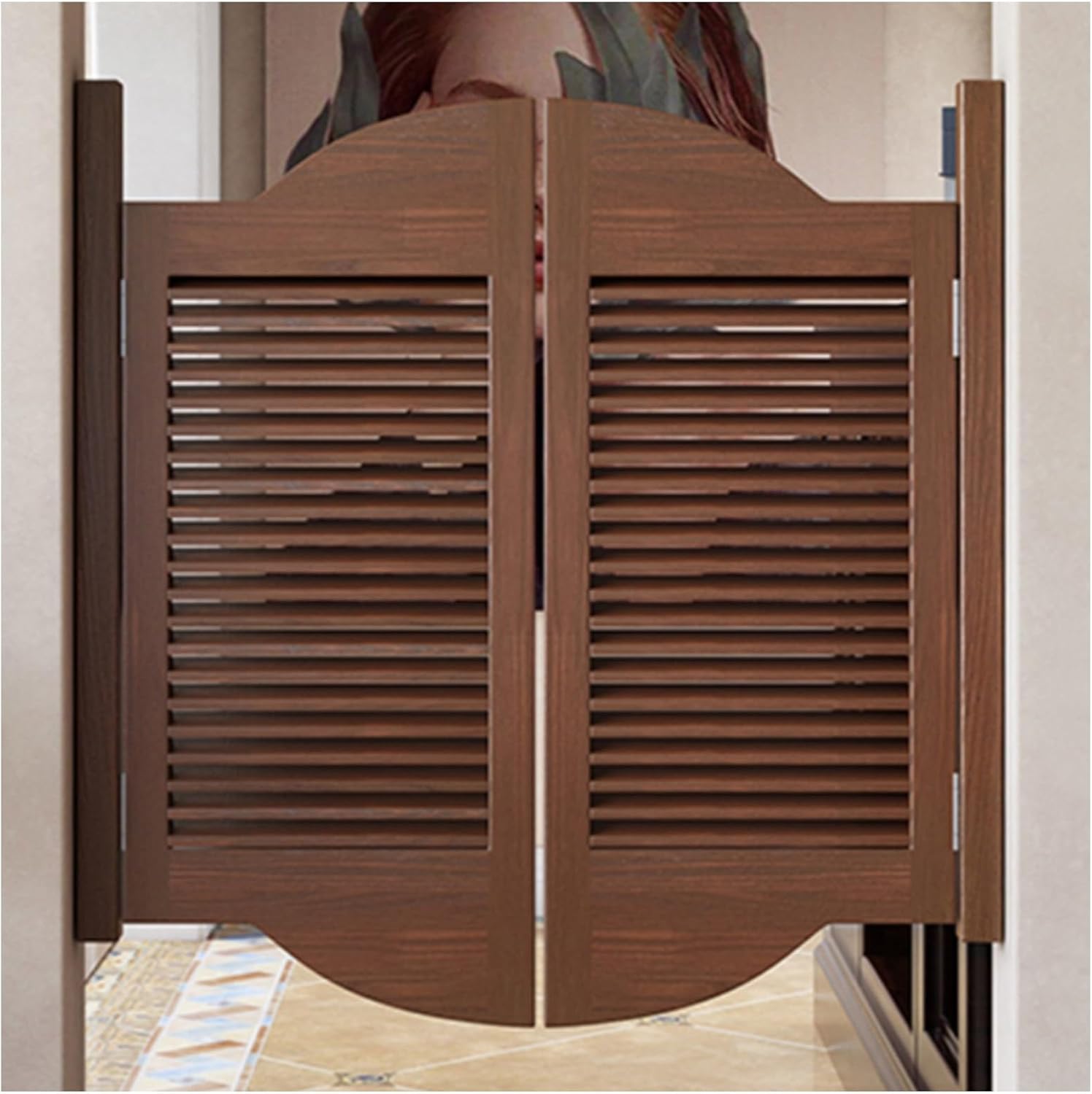 Swinging Doors Cafe Doors,Indoor Premade Louvered Swing Door,Auto Close Fence Half Waist Door,with Stainless Steel Hinges,for Bar Counter Kitchen Stairs(Brown 1,90x120cm)