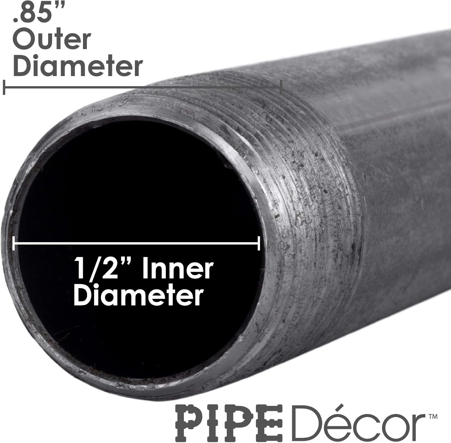 PIPE DÉCOR 1/2” x 48” Malleable Cast Iron Pipe Nipple, Pre Cut Connectors, Industrial Steel Grey Fits Standard Half Inch Black Threaded Pipes Nipples and Fittings, Build Vintage DIY Furniture, 4 Pack