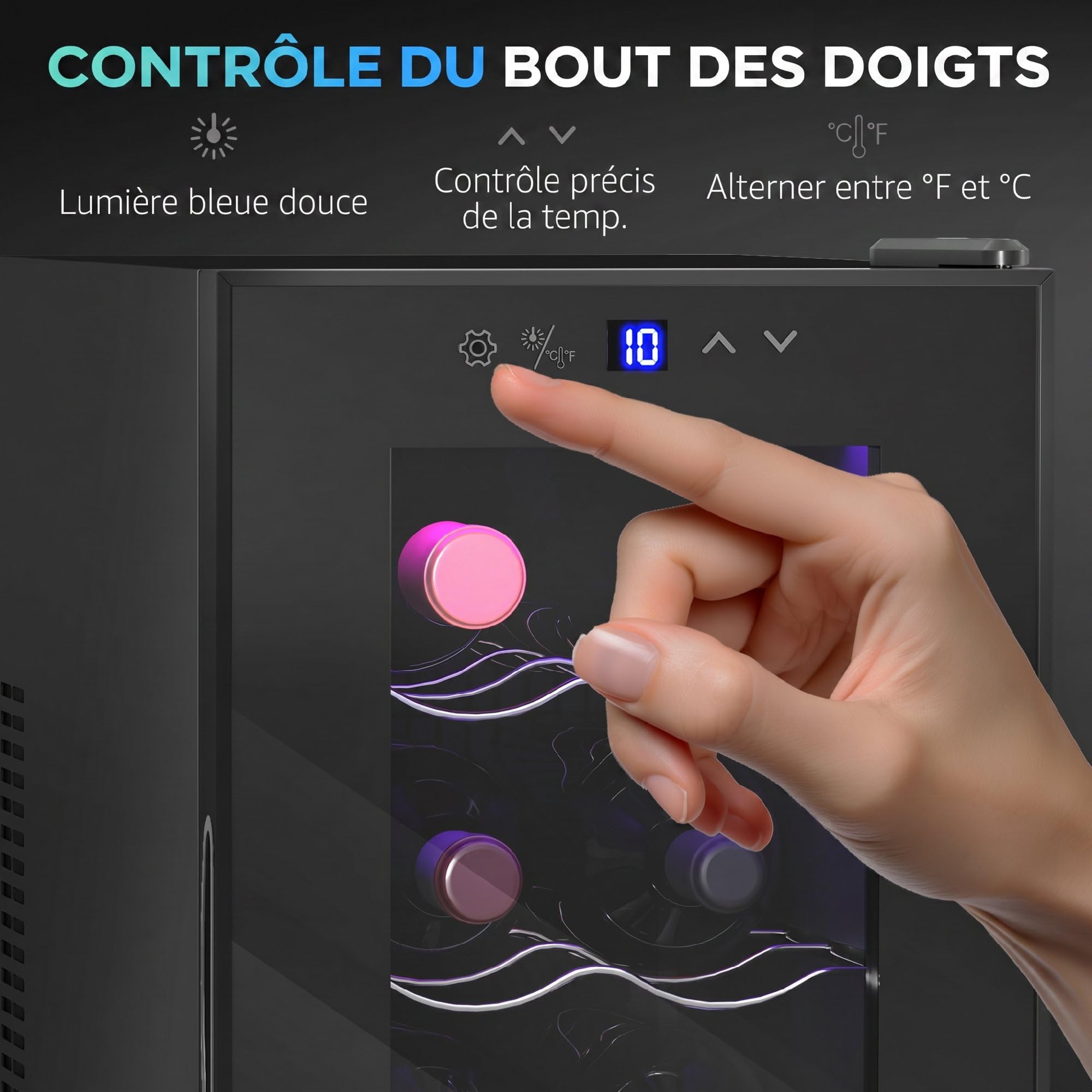 HOMCOM Cave à Vin 8 Bouteilles 21L, Réfrigérateur à Vin avec Température Réglable 8-18°C, Porte en Verre Trempé Anti-UV, Noir
