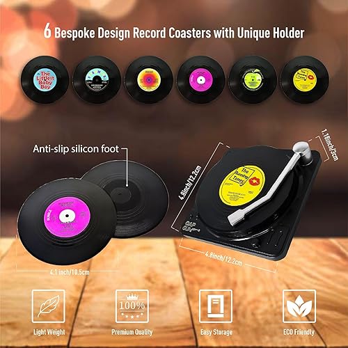 Miniatura 7 de Divertidos posavasos de vinilo retro, juego de 6 posavasos creativos con soporte para reproductor de vinilo para amantes de la música, regalos para