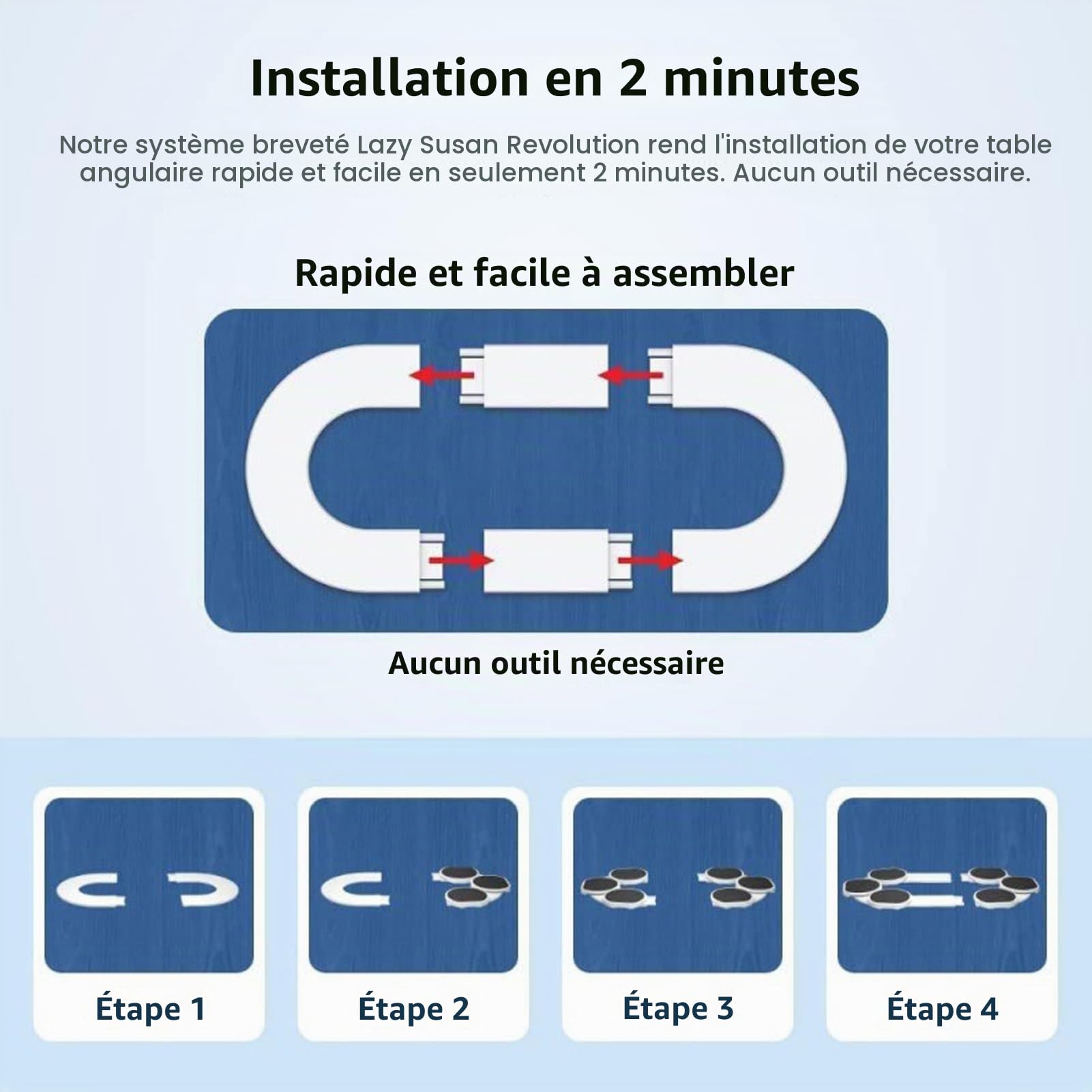 Plateau Tournant 360° Rotation, Acier Inoxydable pour Tables Rectangulaires et Oblongues, Facile à Assembler avec Accessoires Complets