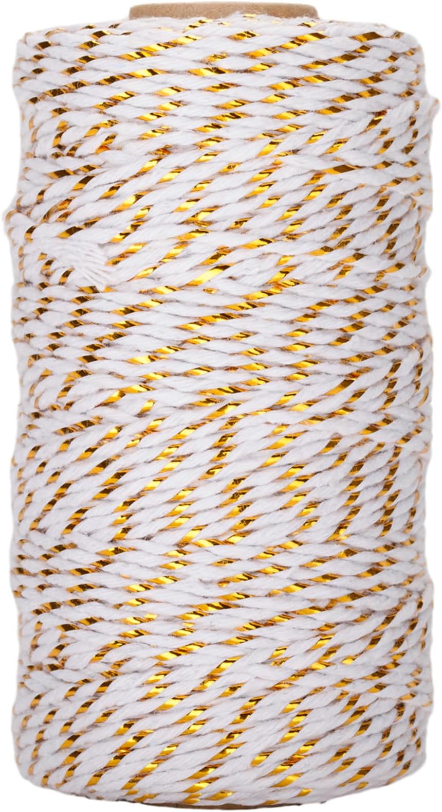G2PLUS Christmas String - White Cotton Twine with Gold Glitter, 2MM, 100M for DIY Gift Decorations