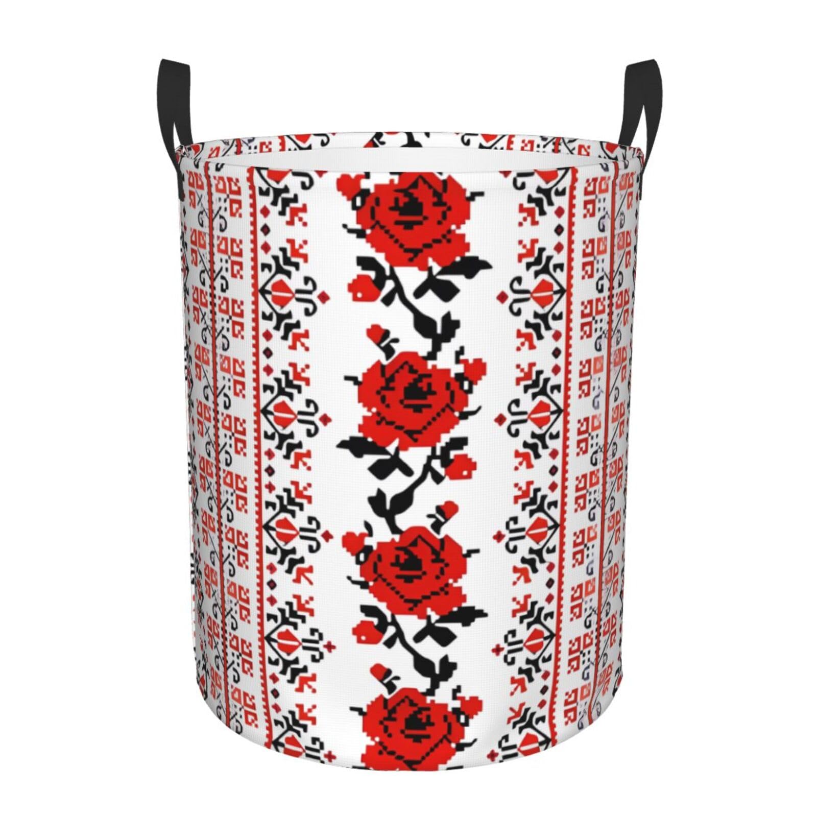 M Collapsible Ukrainian Embroidery Style Rose Print Circular Hamper Round