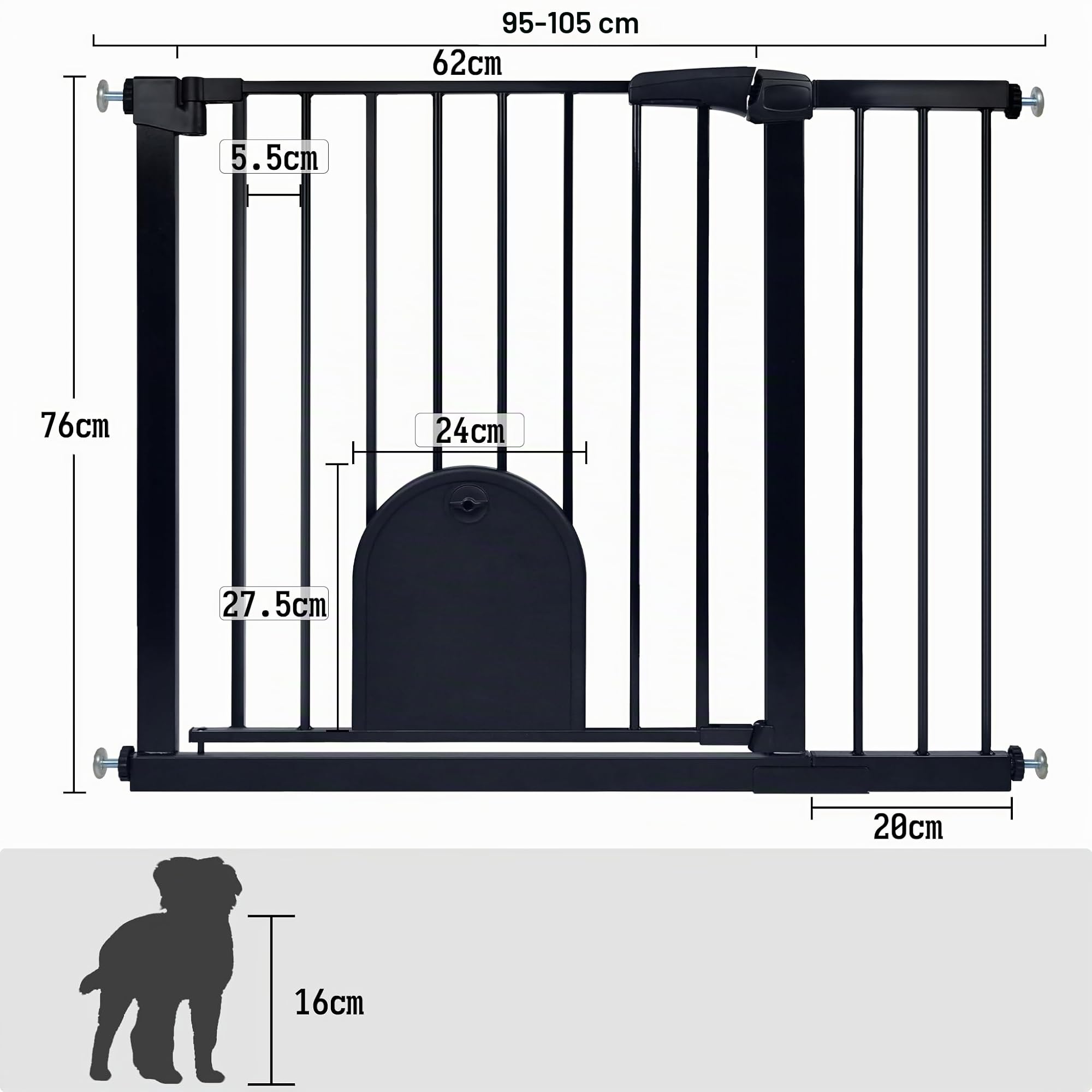 Aufun cancelletto per scale, cancelletto di sicurezza per bambini senza foratura, per 105-115 cm chiusura automatica, cancello in metallo, cancelletto di sicurezza per cani con gattaiola (nero)