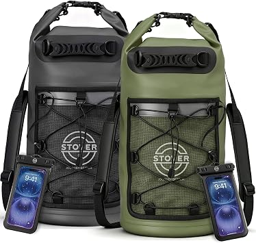 STOVER 25L Waterproof Dry Backpack & Phone Case- Large Floating Dry Bag for Kayaking, Travel, Hiking, Fishing, Camping, Motorcycles & Beach, Heavy-Duty Roll Top Men/Women Black & Green