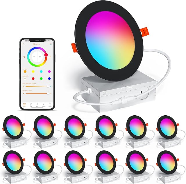 SikSog Éclairage encastré intelligent 4 1 cm 12W Lumières en pot noir RGBCW Changement de couleur LED En bas avec la boîte de jonction,1000 Lumière de plafond encastrée Lumen compatible avec Alexa,Dimmable par Bluetooth -12Pack