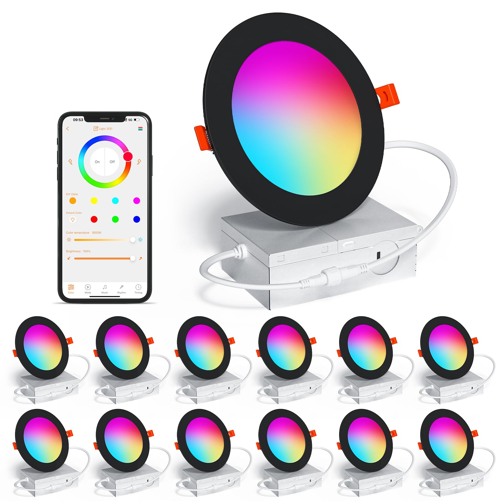 SikSog Smart Recessed Lighting 4 Inch RGBCW Color Changing 12W LED Downlight with Junction Box,1000 Lumen Recessed Ceiling Light Compatible with Alexa,Dimmable by Bluetooth Control -12Pack