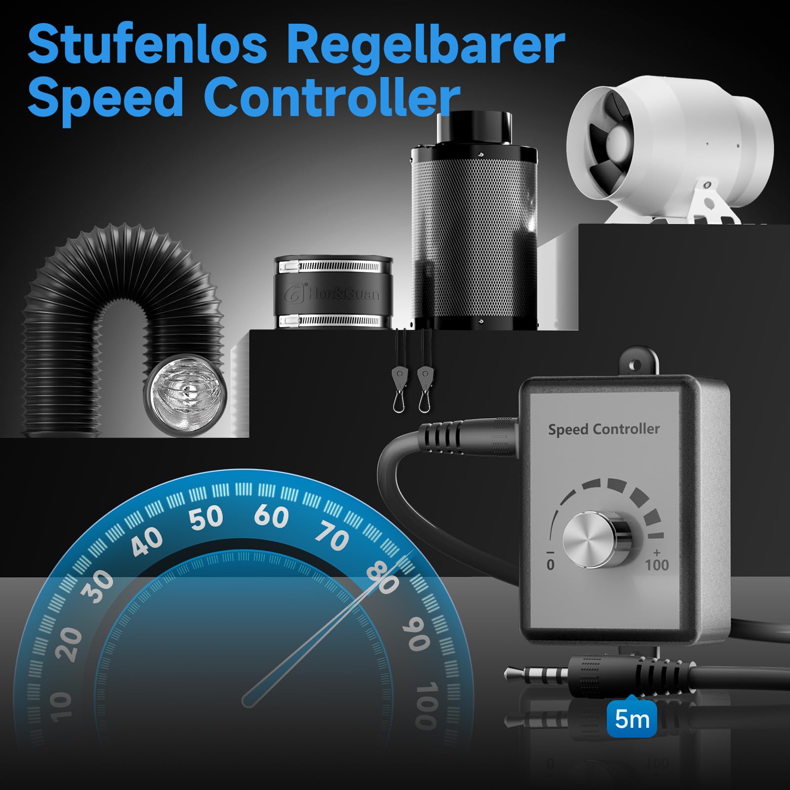 Hon&Guan HI-PE - Set di aria super volume, 360 m³/h, 100 mm, con regolatore di velocità, filtro ai carboni attivi, tubo di scarico in gomma, ventola di ventilazione avanzata per motore EC