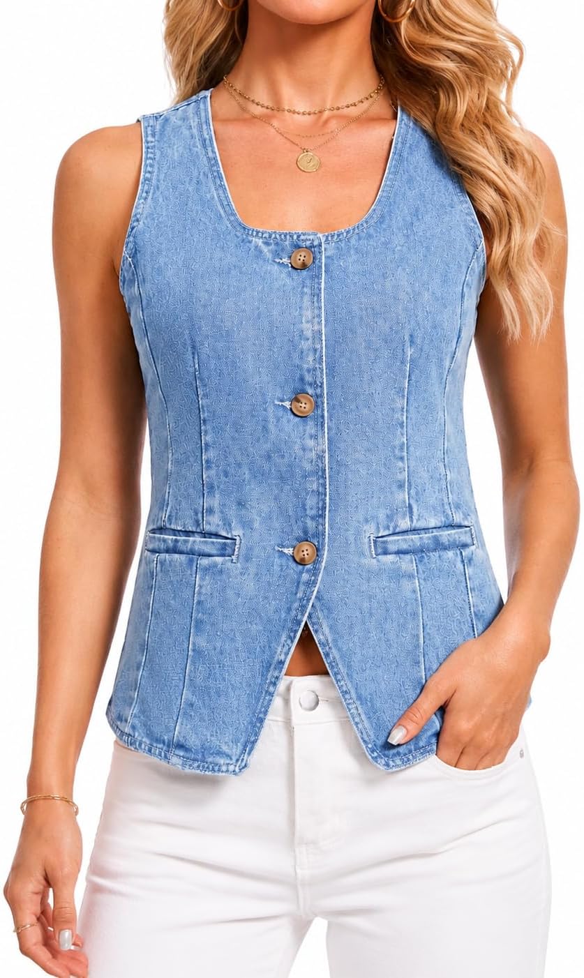 Kedera Denim Vest for Women Button Down Long Jean Waistcoat Casual Scoop Neck Sleeveless Denim Jackets Slim Fit Jean Top