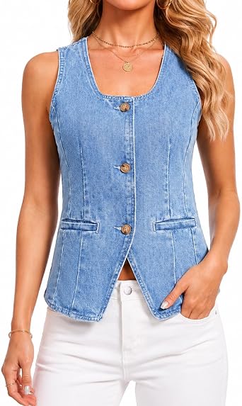 Kedera Denim Vest for Women Button Down Long Jean Waistcoat Casual Scoop Neck Sleeveless Denim Jackets Slim Fit Jean Top