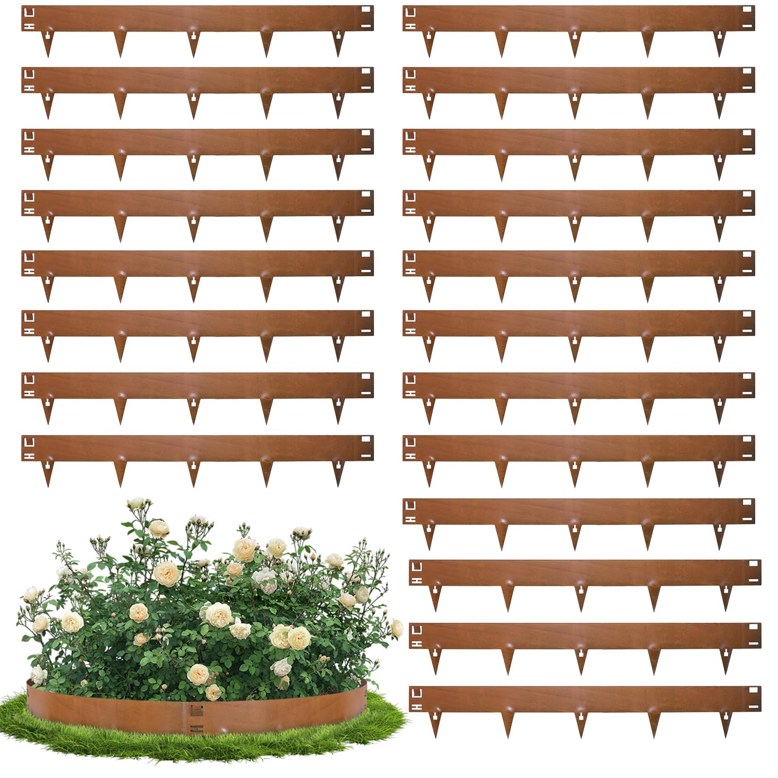 Worshow Lawn Edging Border, Garden Edging, 20Pcs Total 21.5m Corten Steel Edging, 16.5cm Height Flexible Metal Landscape Edging, Decorative Pathway Border Strips for Flower Bed,Grass,Path, No Digging