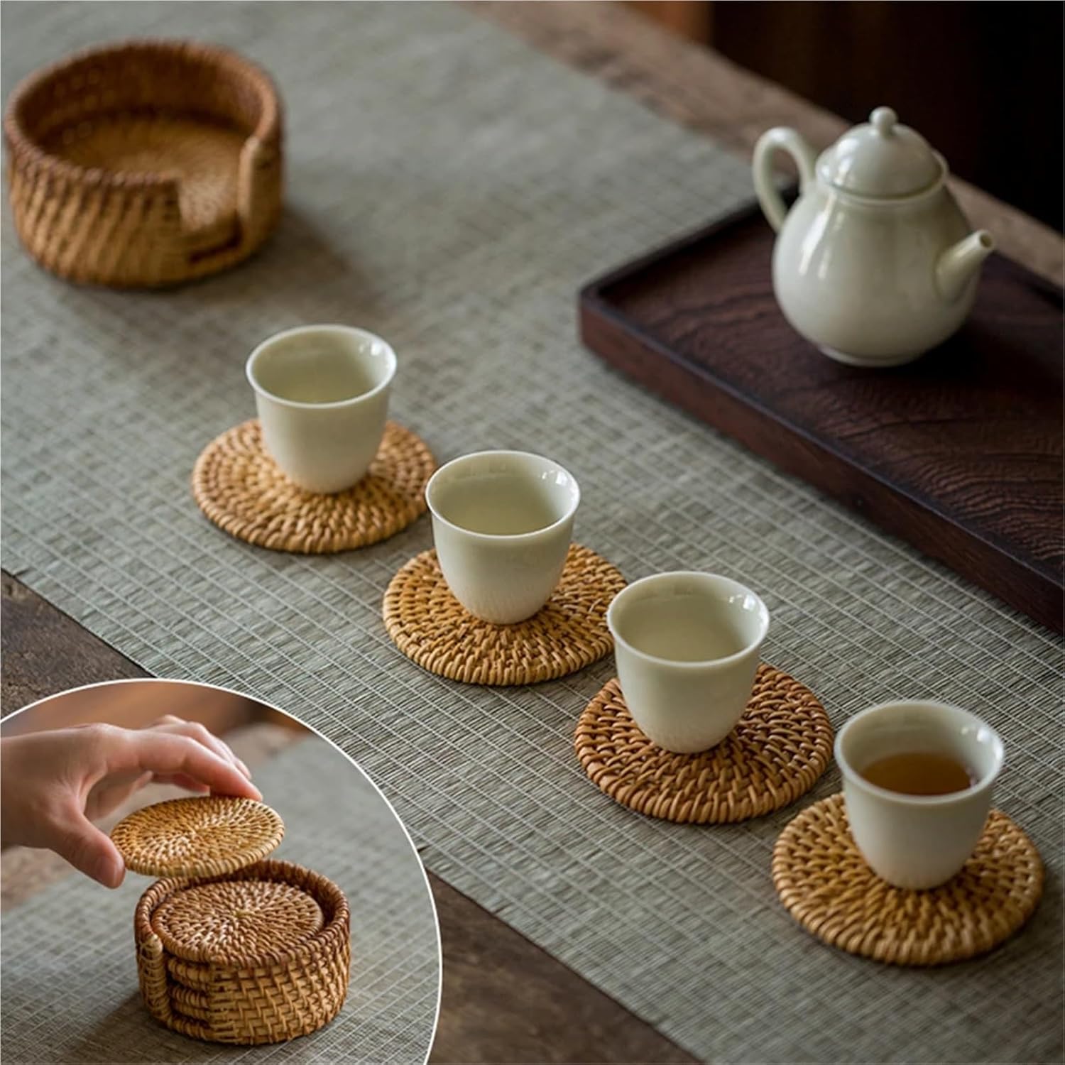 Rattan Coasters 6PCS Woven Rattan Coasters Set with Holder Table Mat Placemat Coffee Tea Cup Coaster Pot Bowl Pad Glass Base Kitchen Accessories(10cm)