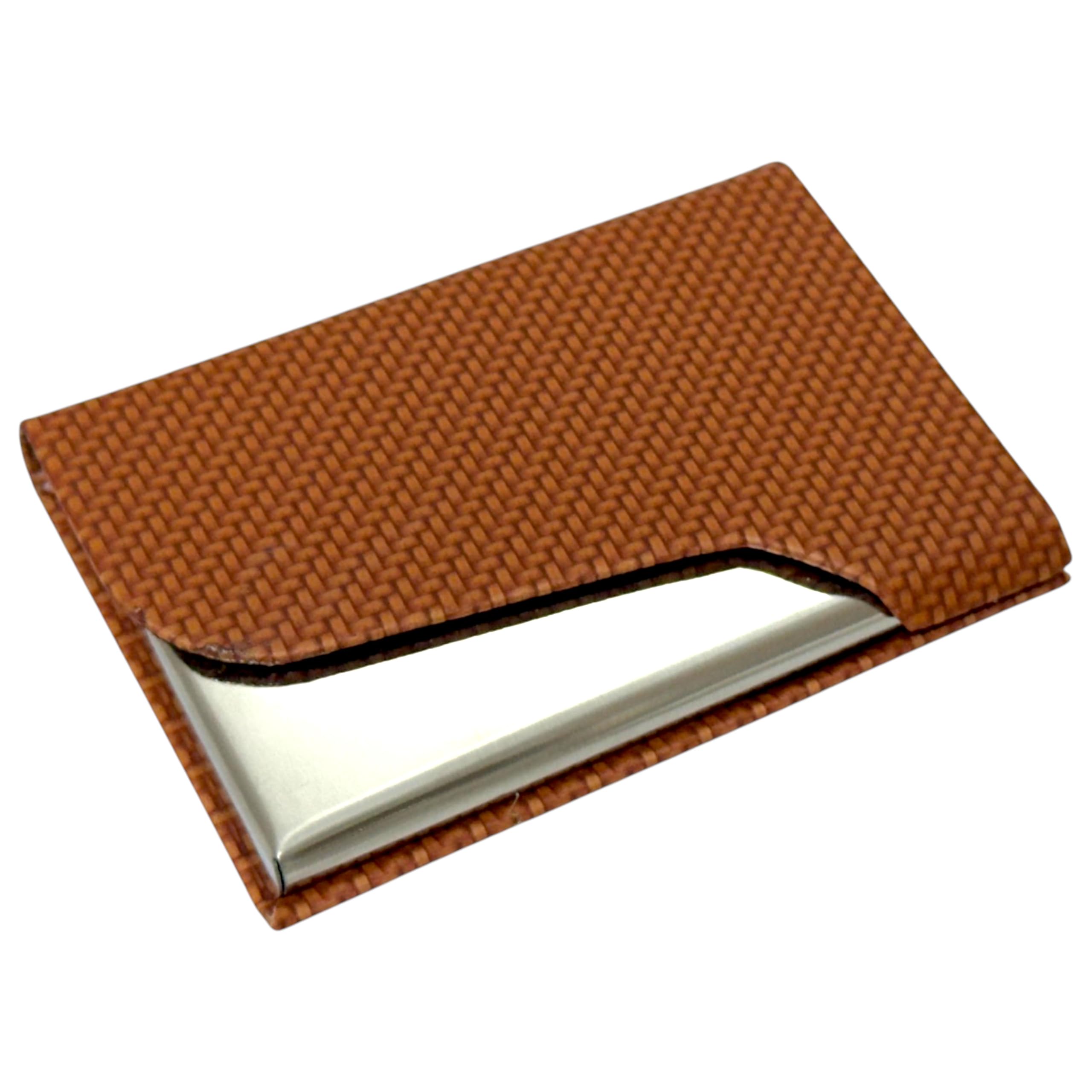 PU Leather Visiting & Business Card Holder for Men & Women — Slim Pocket & Desk Card Case, Magnetic Closure, Holds up to 20 Cards, Brown Woven Texture with Notched Flap-image-37
