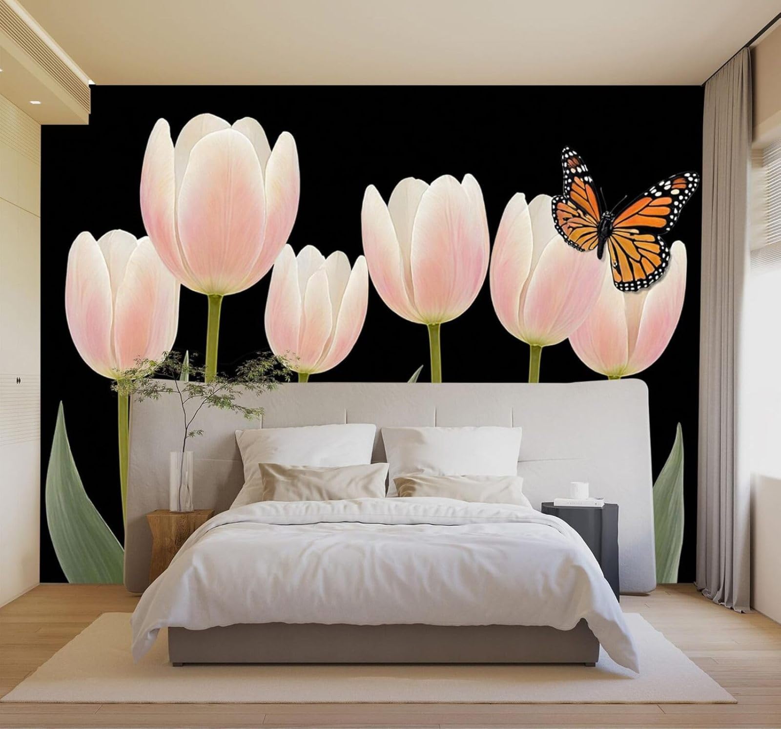 3D Papel Pintado Belleza Tulipanes Rosas Mariposas Hojas Verdes Negro