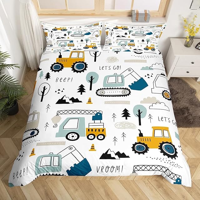 Loussiesd Cartoon Car Kids Bedding Set Construction Duvet Cover Decor Equipment Trucks Comter Excavator Tractor White Yellow Bedspread Bedroom Single 2Pcs, Multicoloured 16000