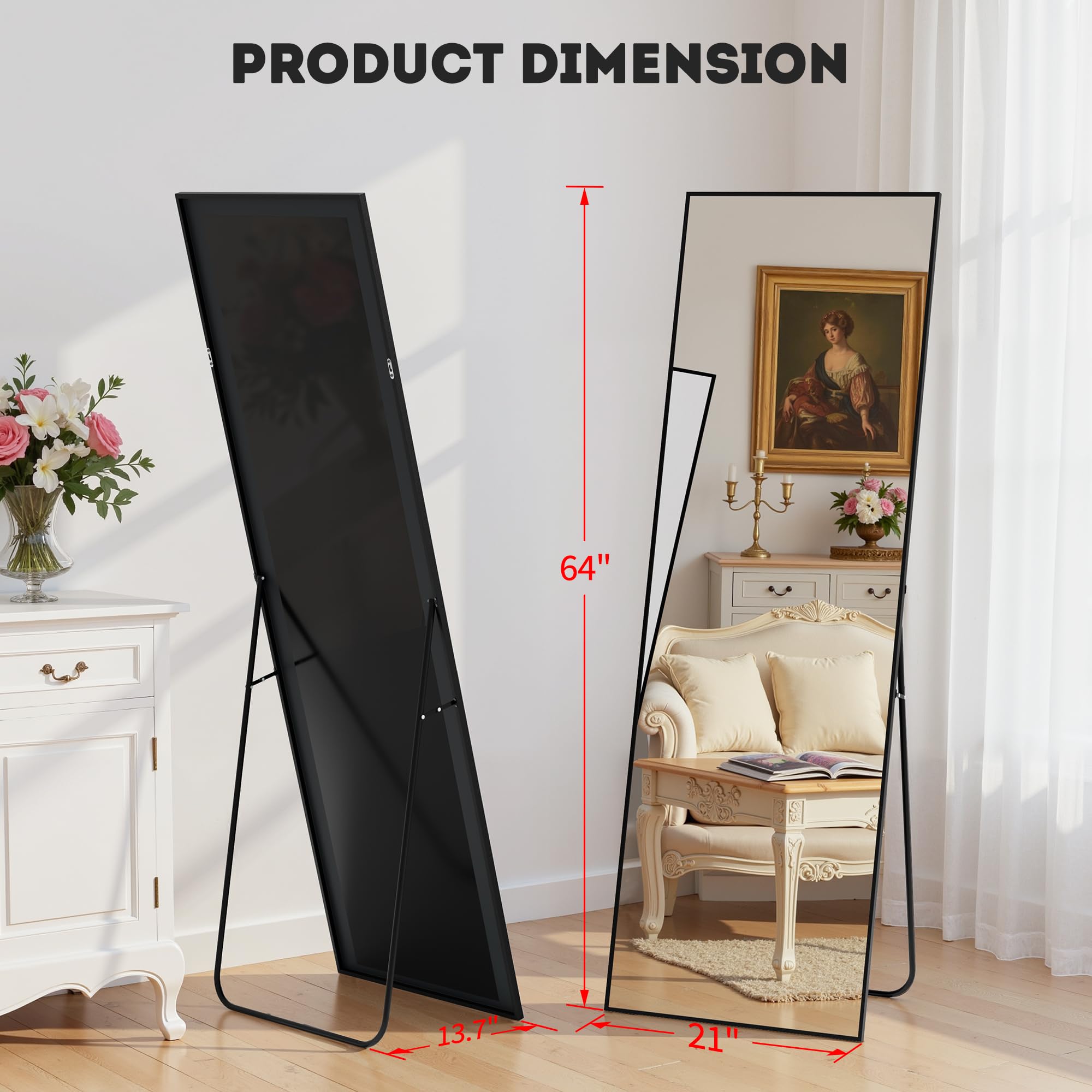 Simple Deluxe Specchio da appendere, 164 x 53 cm, specchio a figura intera per camera da letto, specchio da pavimento con supporto, cornice in alluminio, grande specchio per guardaroba, nero