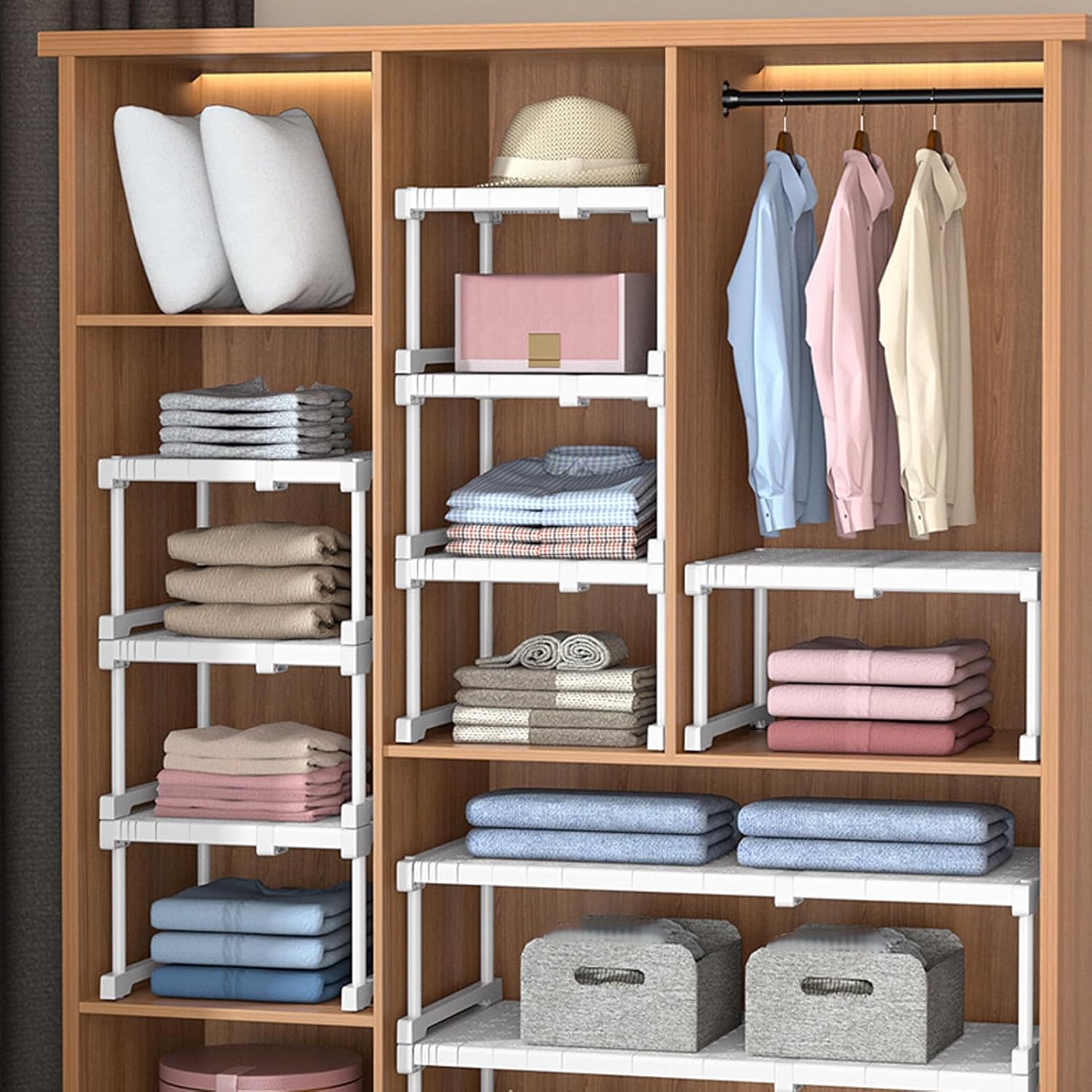 Zerodis Space Saving Closet Tension Shelf Organizer with Adjustable Length, Sorting Storage for Cabinets and Wardrobes, Premium Carbon Steel Material (Length 67‑88cm / 26.4‑34.6in)