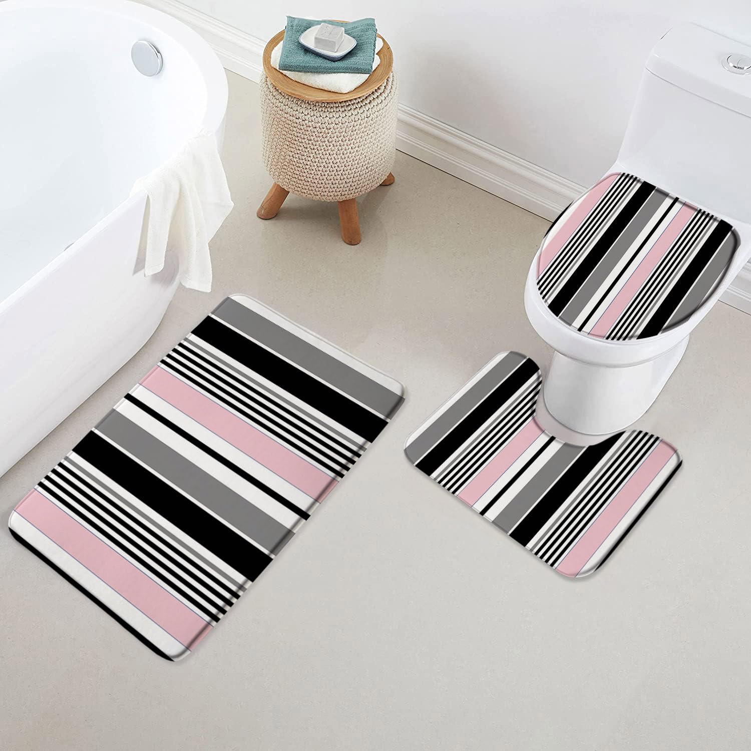Striped Bath Mat Set 3 Piece Black White Stripe Line Modern Fashion Pink Grey Geometric Minimalist Art Bathroom Rug Contour Mat Toilet Seat Cover Home