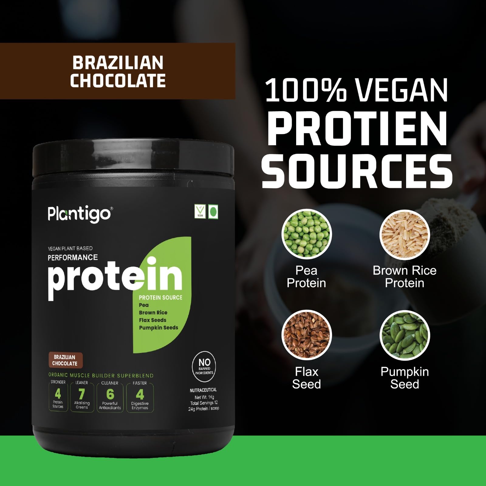 Plantigo Clean Plant Protein Powder | No Preservatives, No Banned Substances | Super Protein Blend - Pea, Brown Rice, Flax & Pumpkin | For Men, Women | (Cappuccino Coffee - 1Kg + Shaker 600ml) 1