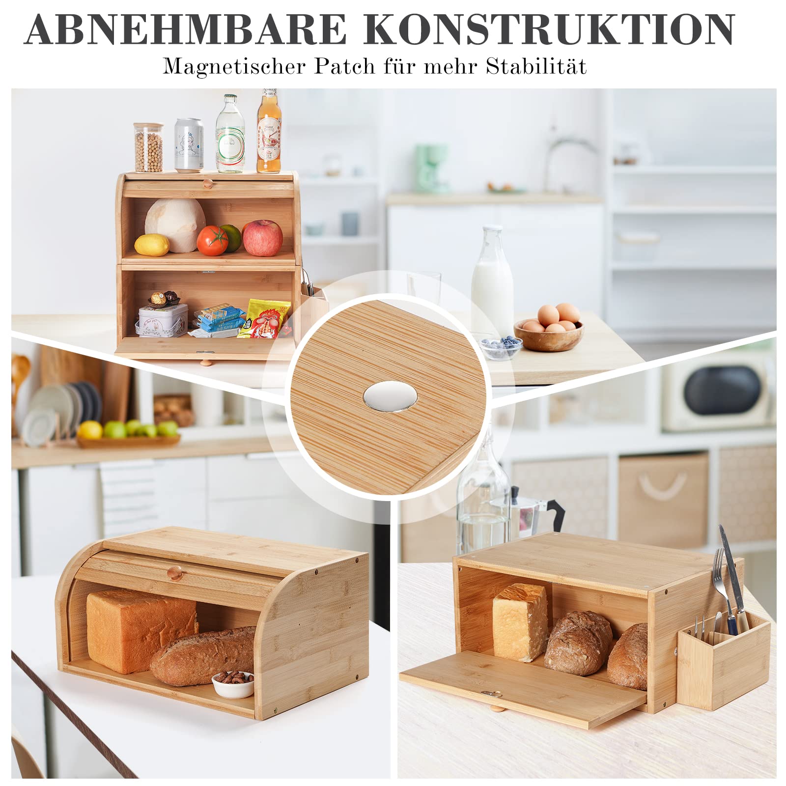 GUUSII HOME Brotkasten Holz Bambus Gross Retro Eco Brotbox Rolldeckel Doppellagig Stapelbar Brot Aufbewahrungsbox Größe 38x25x36cm Brotkästen Matt Natur für Frischhalten und Lecker Brot