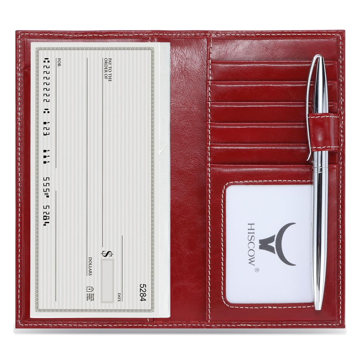 HISCOW Leather Checkbook Cover with Card Slots &amp; Pen Holder, Antiqued Red