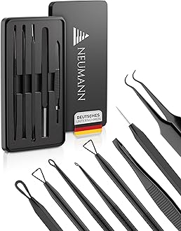 Blackhead Remover Set (Stainless Steel) for Removing Pimples, Blackheads etc. - Comedone Squeezer, Lifter, Remover - Various Tools: Loops, Tweezers, Lancet [Black]