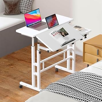 Standing Desk Height Adjustable Rolling Desk with Tilting Table Top Sit-Stand Workstation with Wheels, 60 x 60 Cm, Laptop Table Home Office Desk Small Computer Desks