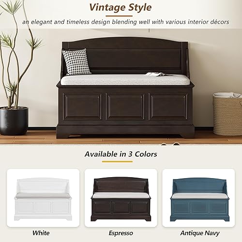 Miniatura 31 de P PURLOVE Banco de almacenamiento de estilo rústico de 42 pulgadas con bisagra de seguridad, banco de almacenamiento multifuncional de madera maciza