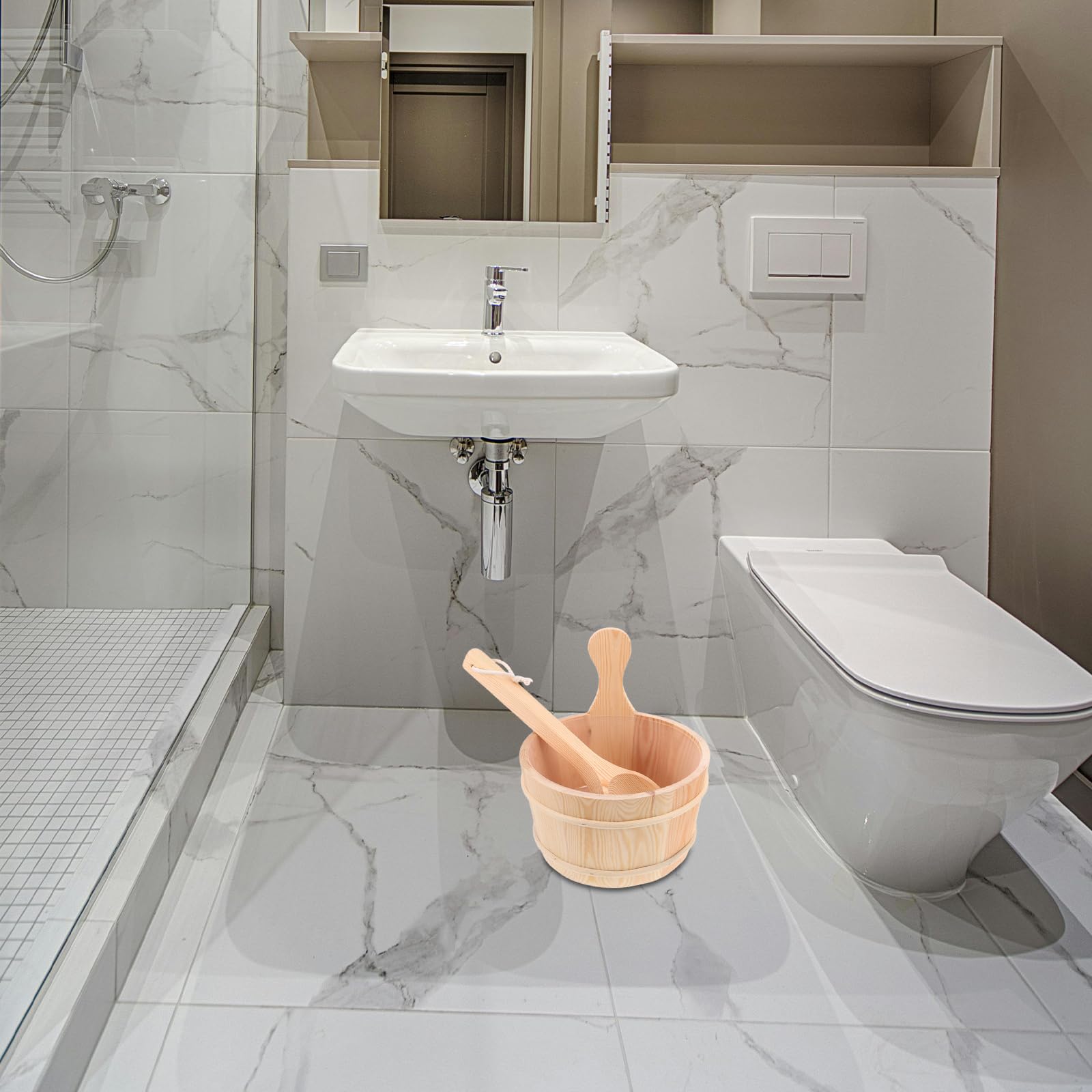 Yardenfun Drewniane Wiadro Do Sauny z Łyżką i Zegarem Piaskowym Ergonomiczne Akcesoria Do Domowej Sauny Łaźni Parowej i Ogrodowego Spa Sztuk