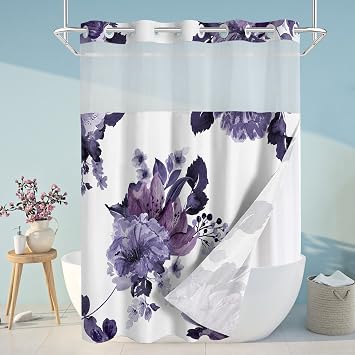 No Hook Shower Curtain and Liner Set, Purple Floral 71x77 | Waterproof Fabric with Snap-In Liner, Floral Design for Modern Bathroom, Easy Setup for Guest and Hotel Bathrooms