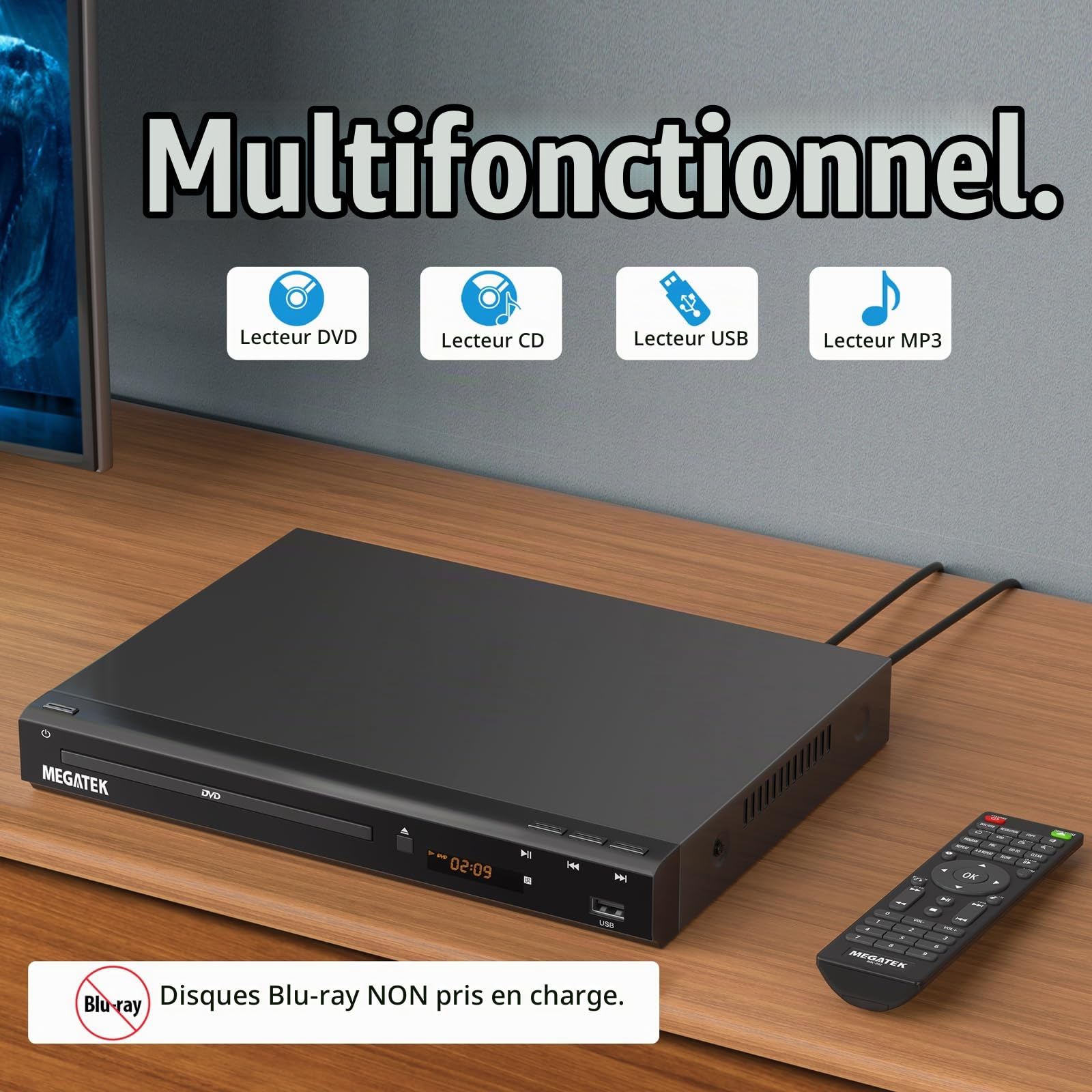 MEGATEK Lecteur DVD sans région pour TV avec HDMI et mise à l'échelle 1080p