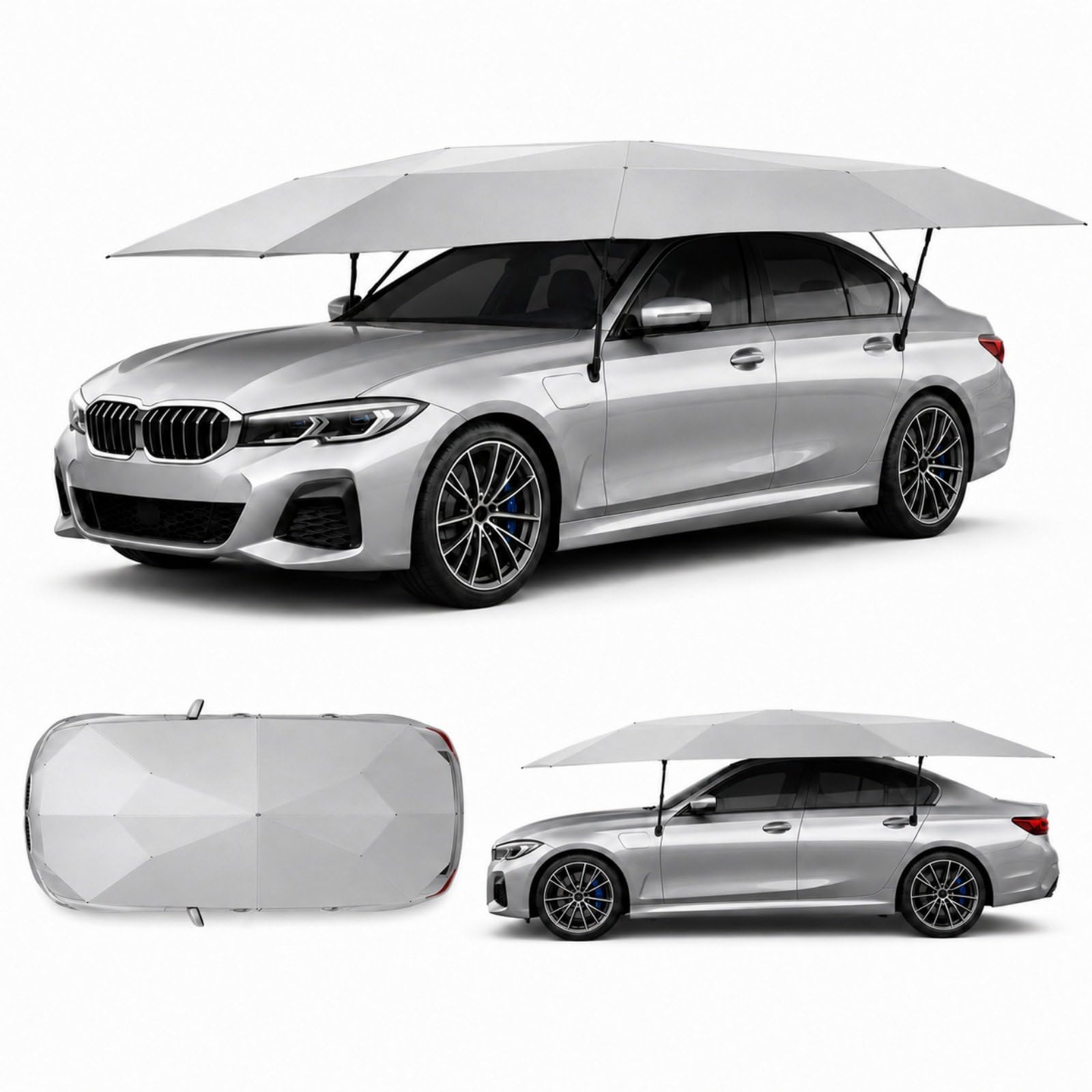 HCAUYNN Fully Automatic Car Tent Umbrella for Roof, Portable Car Canopy Cover with Suction Cup Base, Waterproof Outdoor Car Shelter, Anti-Theft Steel Rope, Quick Setup Gray-4.2m