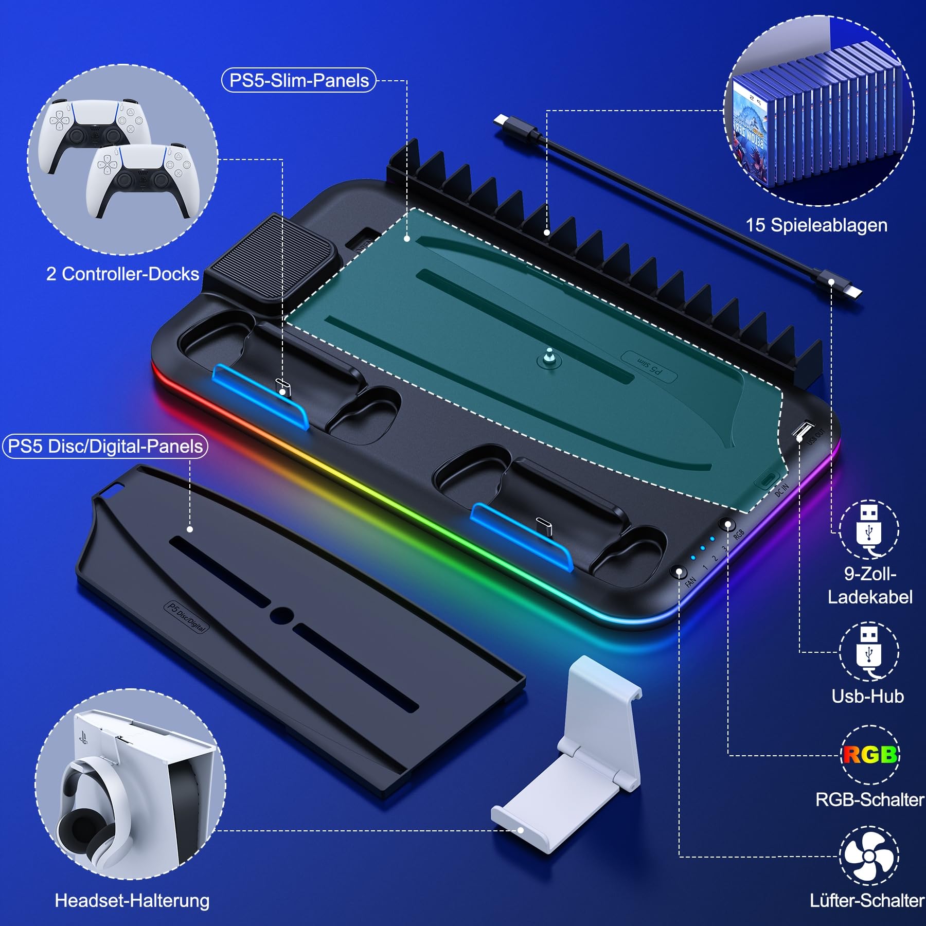 ALEEMTRY Accessoire PS5 Slim Nouveau, Support avec Ventilateur à 3 Vitesses/Lumière RVB/Stockage de 15 Jeux pour PS5 Slim Disc et Console Numérique (Noir)