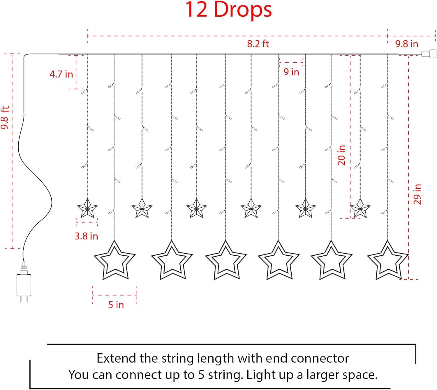 Star Curtain Lights for Bedroom - Plug-in 9ft 138 LED Fairy Twinkle Lights with 12 Star Drops, Connectable Window Lights with Remote 8 Lighting Modes for Indoor Xmas Ramadan Decoration, Warm White