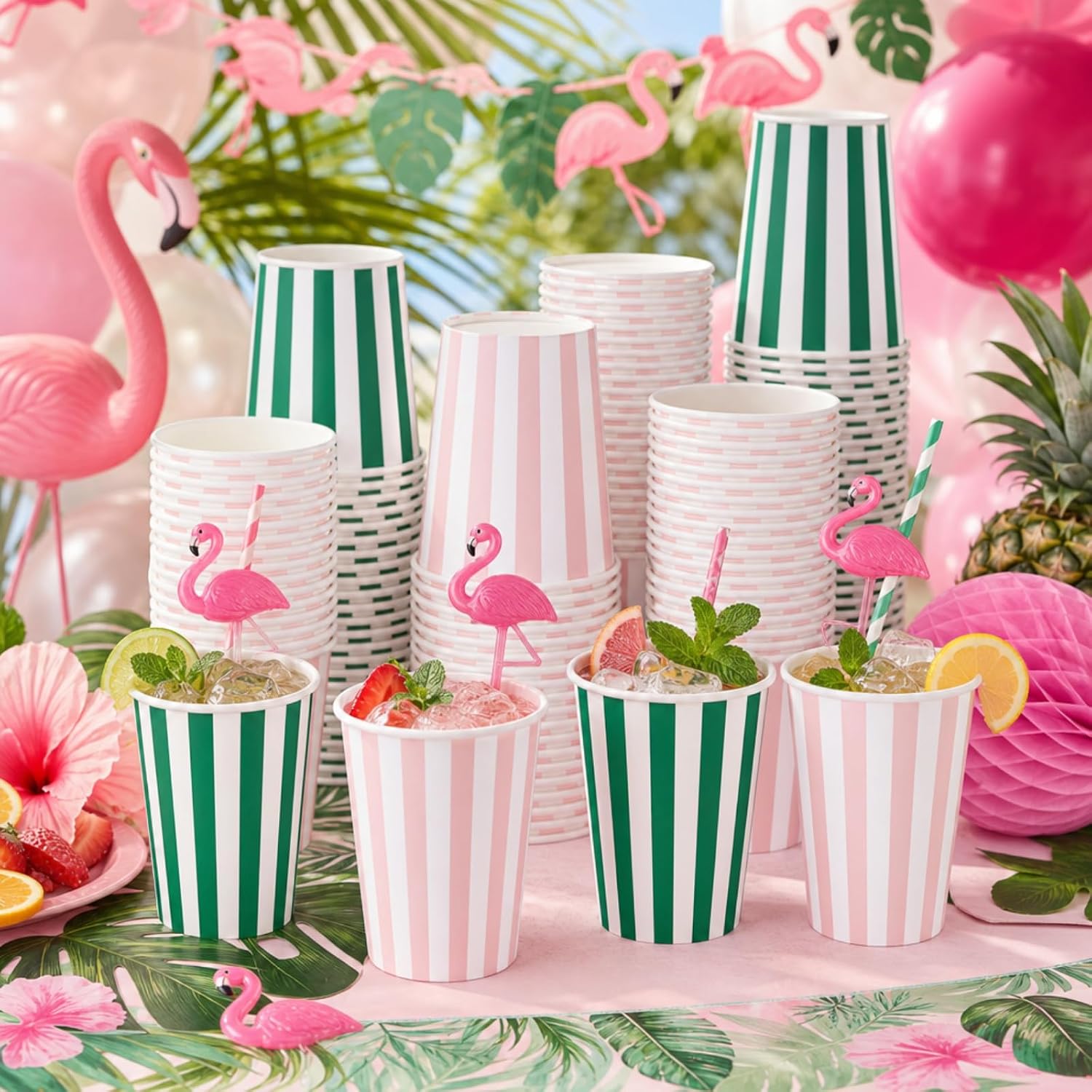 Yungyan 100 Pack Pink and Green Cabana Striped Cups 9 oz Palm Beach Disposable Cocktail Paper Cups for Summer Beach Cabana Bachlorette Weeding Party Decor Supplies