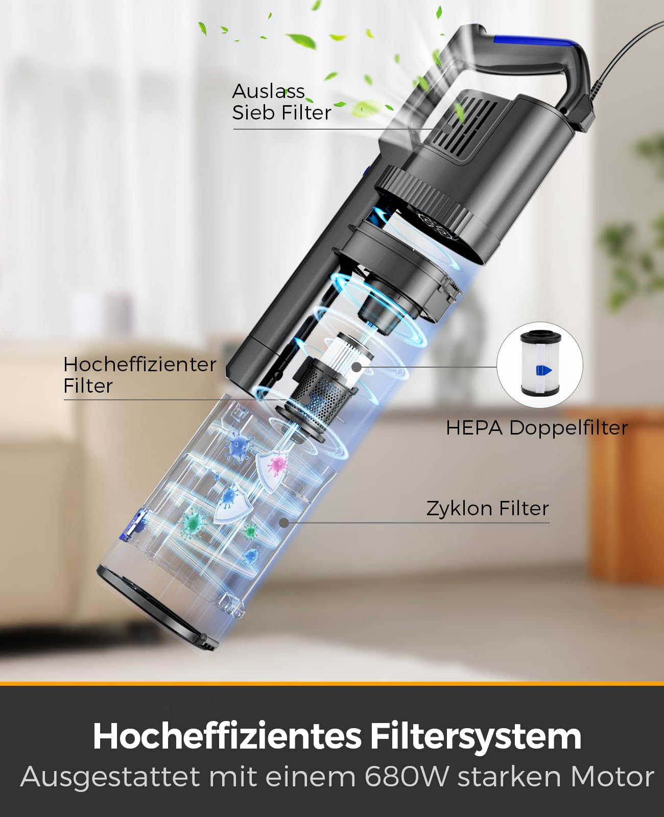 VACTechPro 60KPa/680W/7M Staubsauger, Staubsauger mit Kabel | Mit 800ML Staubbehälter,Stielstaubsauger mit Kabel und ergonomischem Doppelgriff,speziell für Hartböden