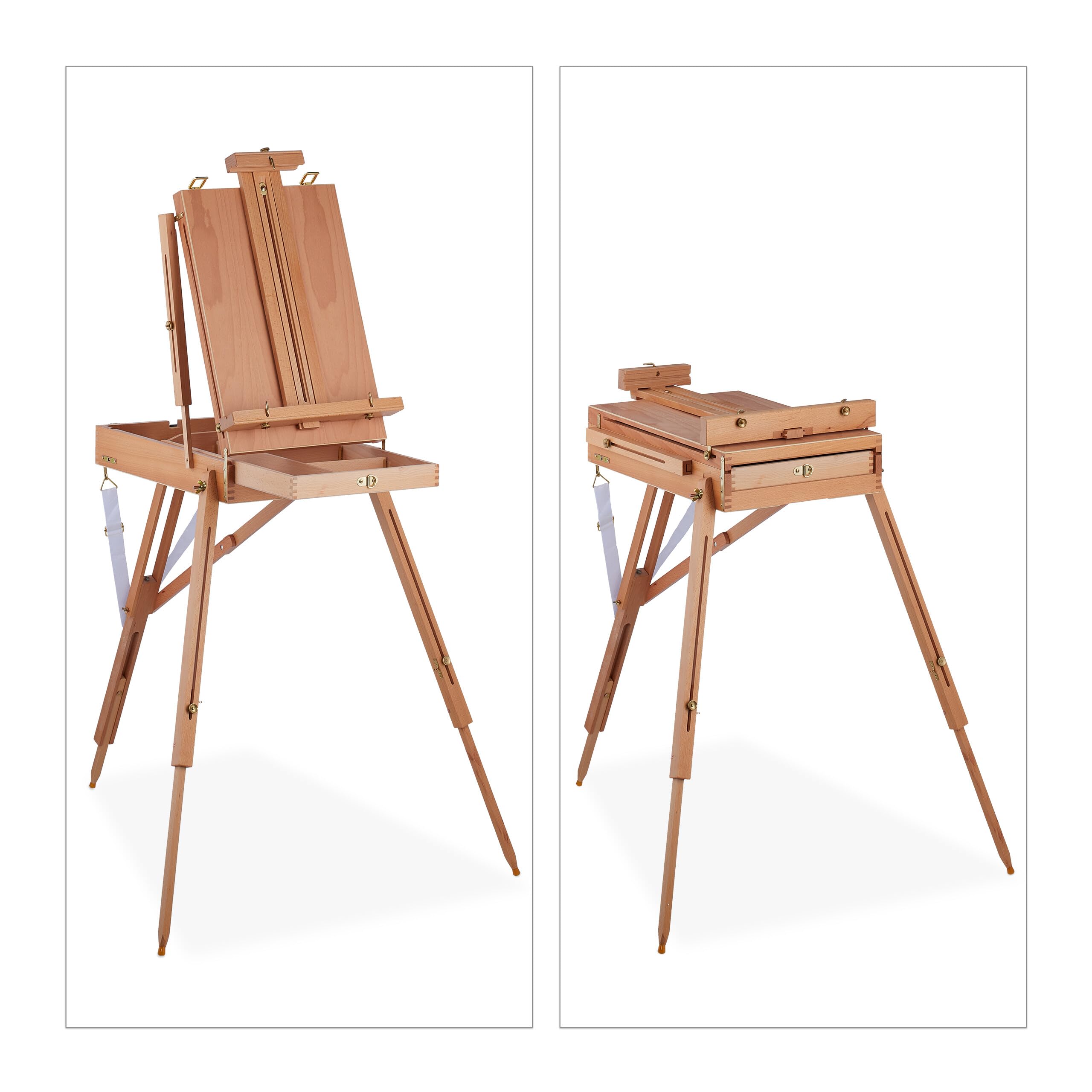 Relaxdays Caballete Portátil de Madera, para Adultos, Altura e Inclinación Regulables, Tablero XL con Cajón, Natural