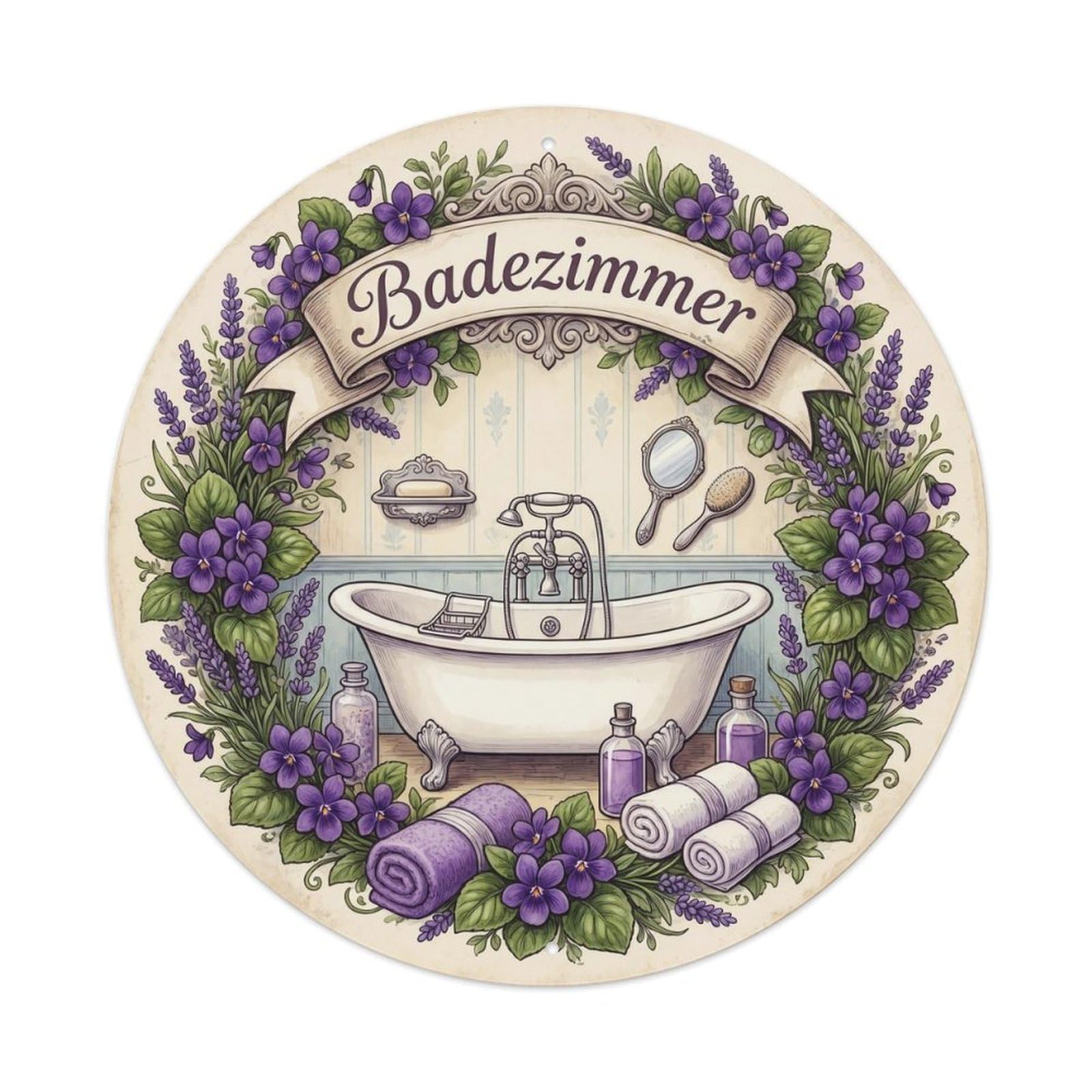 Badezimmer Violet Romantic Spa Bathroom Vintage Metal Tin Sign Plaque Wall Decor for Cafe, Club, Garden Round Metal Poster 8x8Inch
