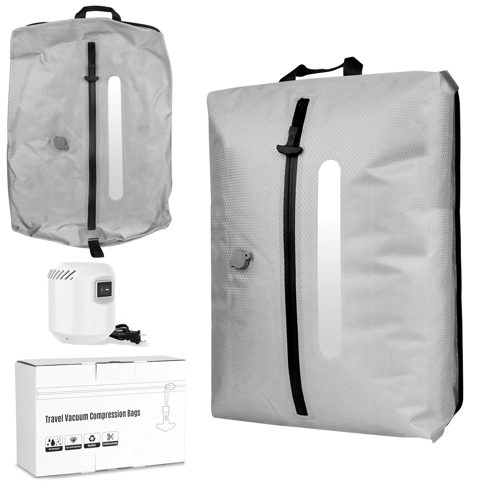 AIDONS Vacuum Sealer Bags for Travel with 55W High-Power Pump, 420D Reinforced Nylon, IP67 Waterproof, Reusable Space Saver Compression Bags for Backpack & Carry-on Luggage, Grey (1Pack + Pump)