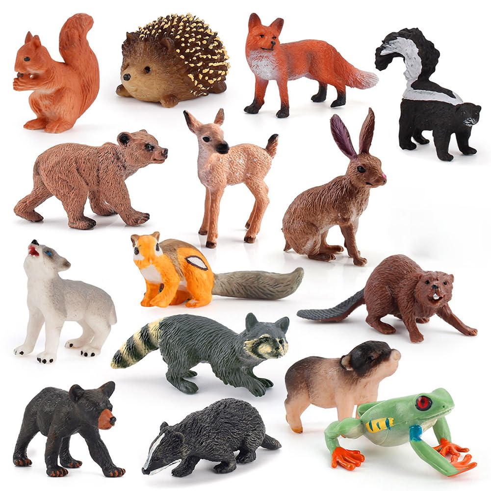 RANJIMA Safari Giocattoli Animali,Figurine di Ppiccoli Animali per Bambini, 16 Pcs Figure di animali della foresta in miniatura del bosco Figurine Topper per torta del bosco per Pasquali Bomboniere